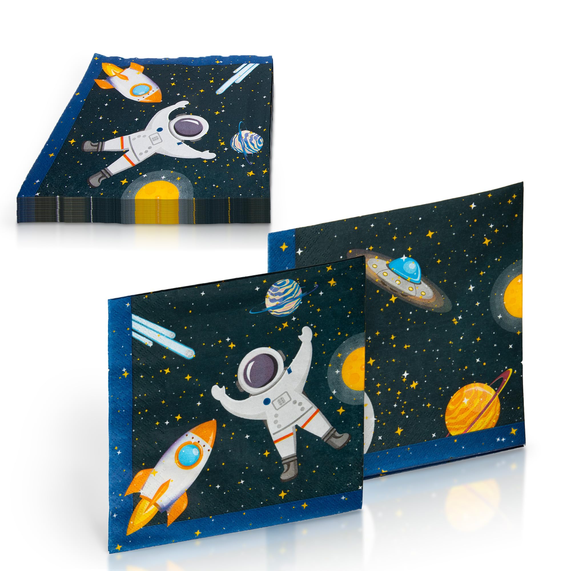 Procos - Paper Napkins FSC Rocket Planets Astronaut Rocket Space Party (33 x 33 cm, Double Veil), 20 Pieces, Multicoloured, 93736