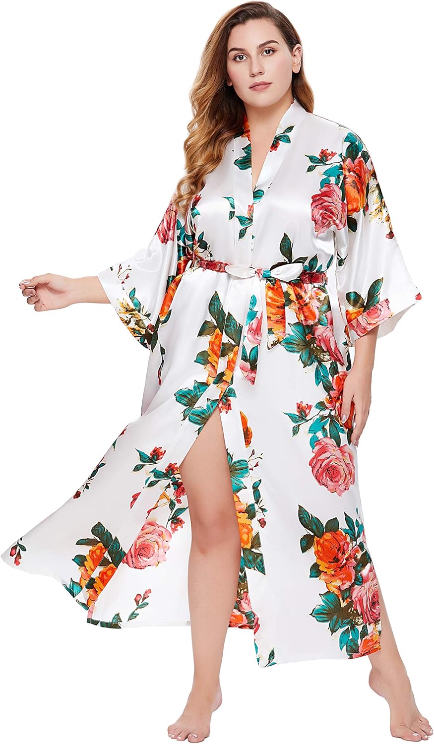 BABEYOND Plus Size Long Kimono Robe Floral Satin Robes Silky Kimono Cover Up Loose Cardigan Top Bachelorette Party Robe - Image 4