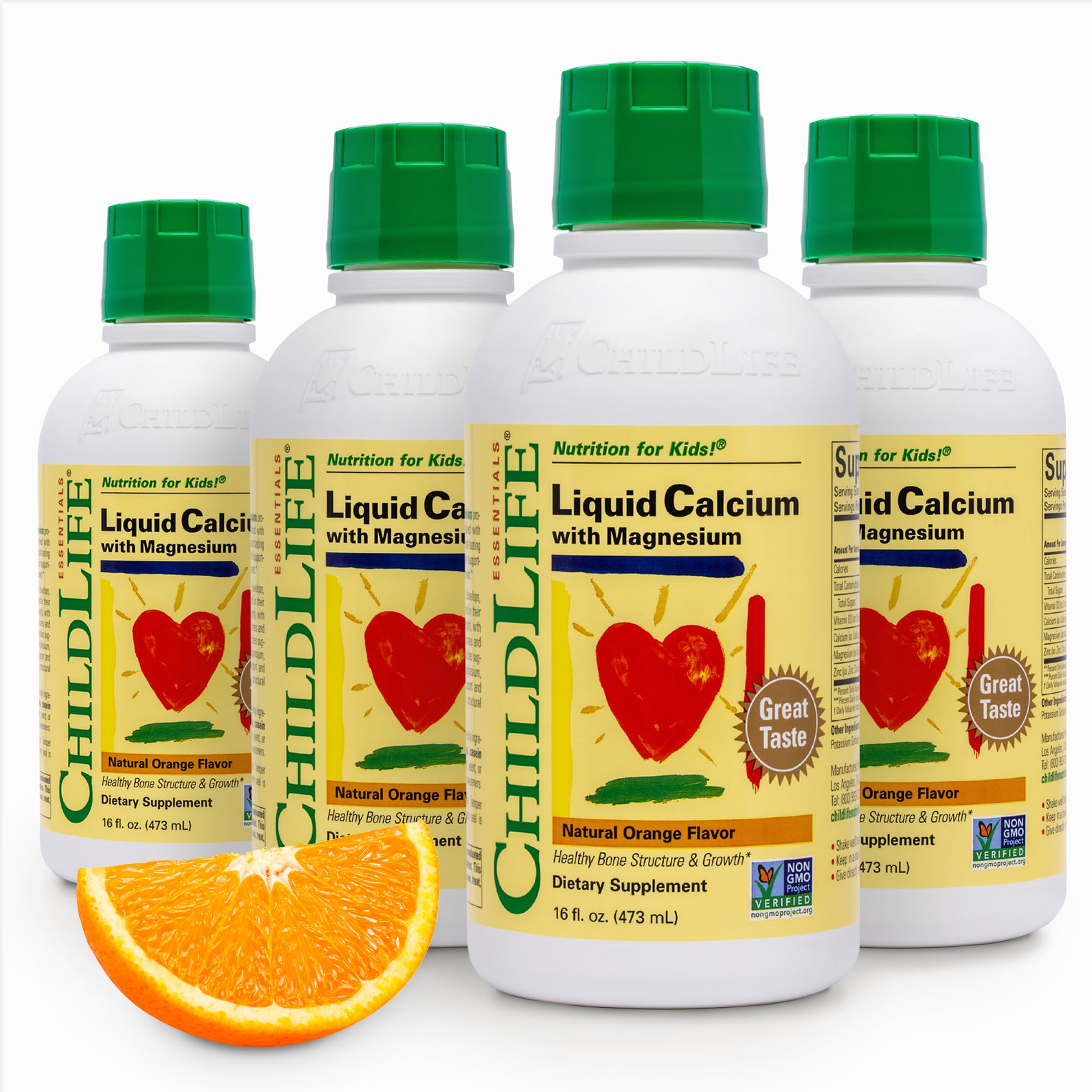 CHILDLIFE ESSENTIALSLiquid Calcium Supplement for Kids - Baby Calcium with Magnesium, Zinc, and Vitamin D3 - Orange Flavor, 16 fl oz (4 Pack)
