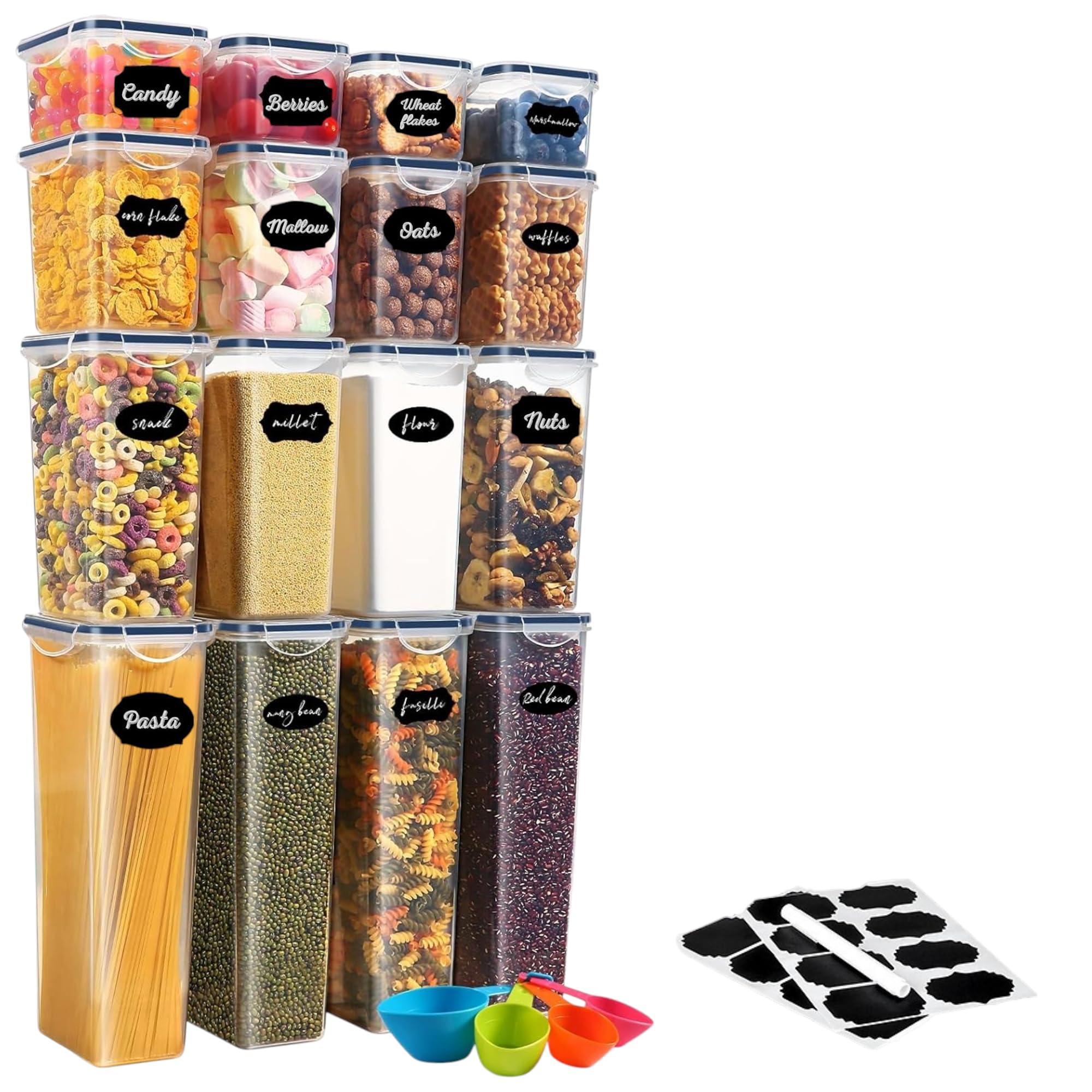 FROOBY Airtight Food Storage Container - Set of 16 Plastic Kitchen Storage Containers - Clear, BPA-Free Cereal, Flour, Pasta Storage Containers with Labels & Pen Pantry Organizers and Storage