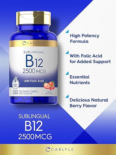 Miniatura 3 de Carlyle Vitamina B12 Sublingual 2500 mcg | 250 tabletas de disolución rápida | Suplemento de cianocobalamina con ácido fólico para adultos | Sabor