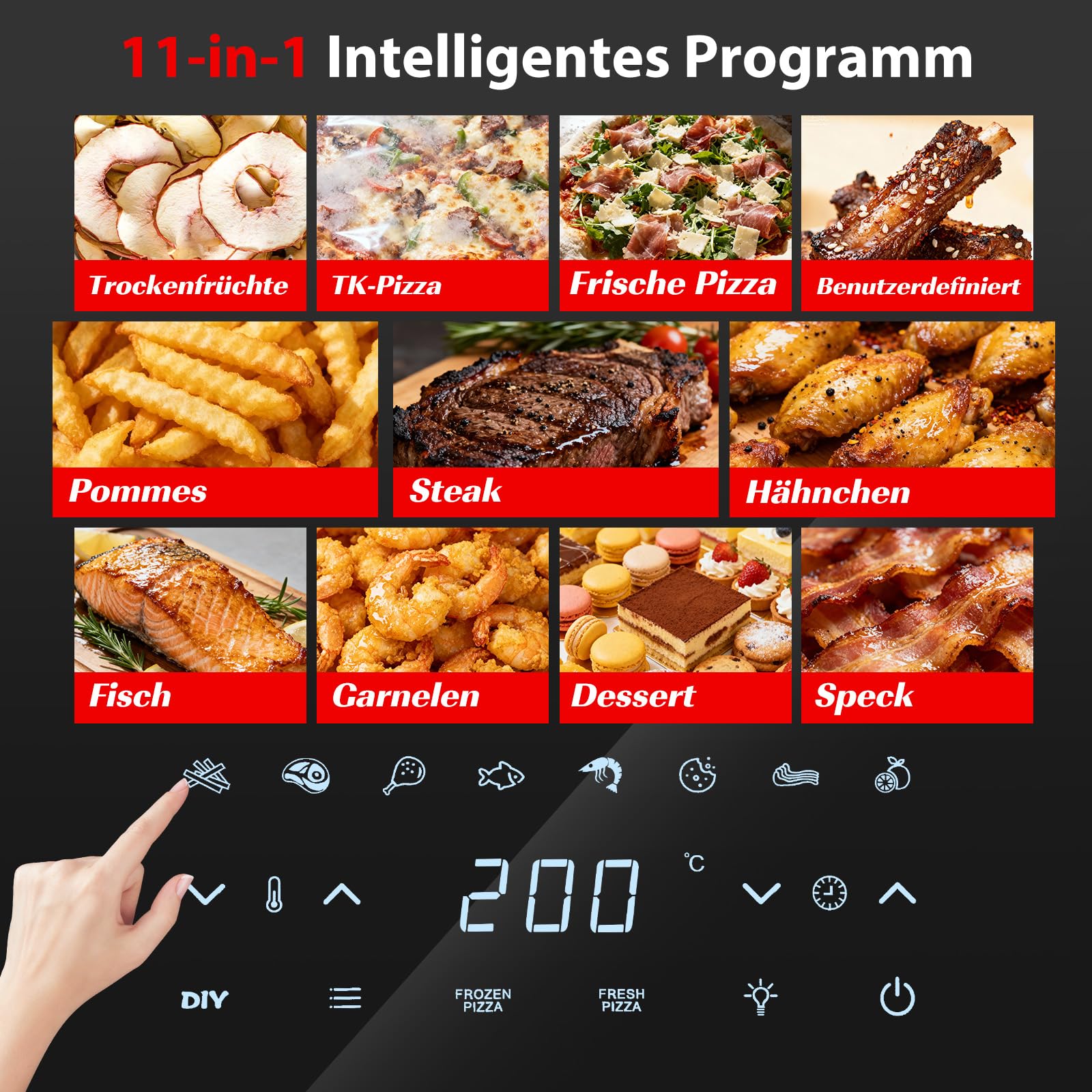 Aigostar Heißluftfritteuse mit XL 745 cm² Garfläche (27.3 * 27.3cm), leiser Extra-Crisp Technologie, Pizzafunktion, Doppelheizung, Sichtfenster, 11 Programmen, Touchscreen, Metall-Innenraum, Schwarz