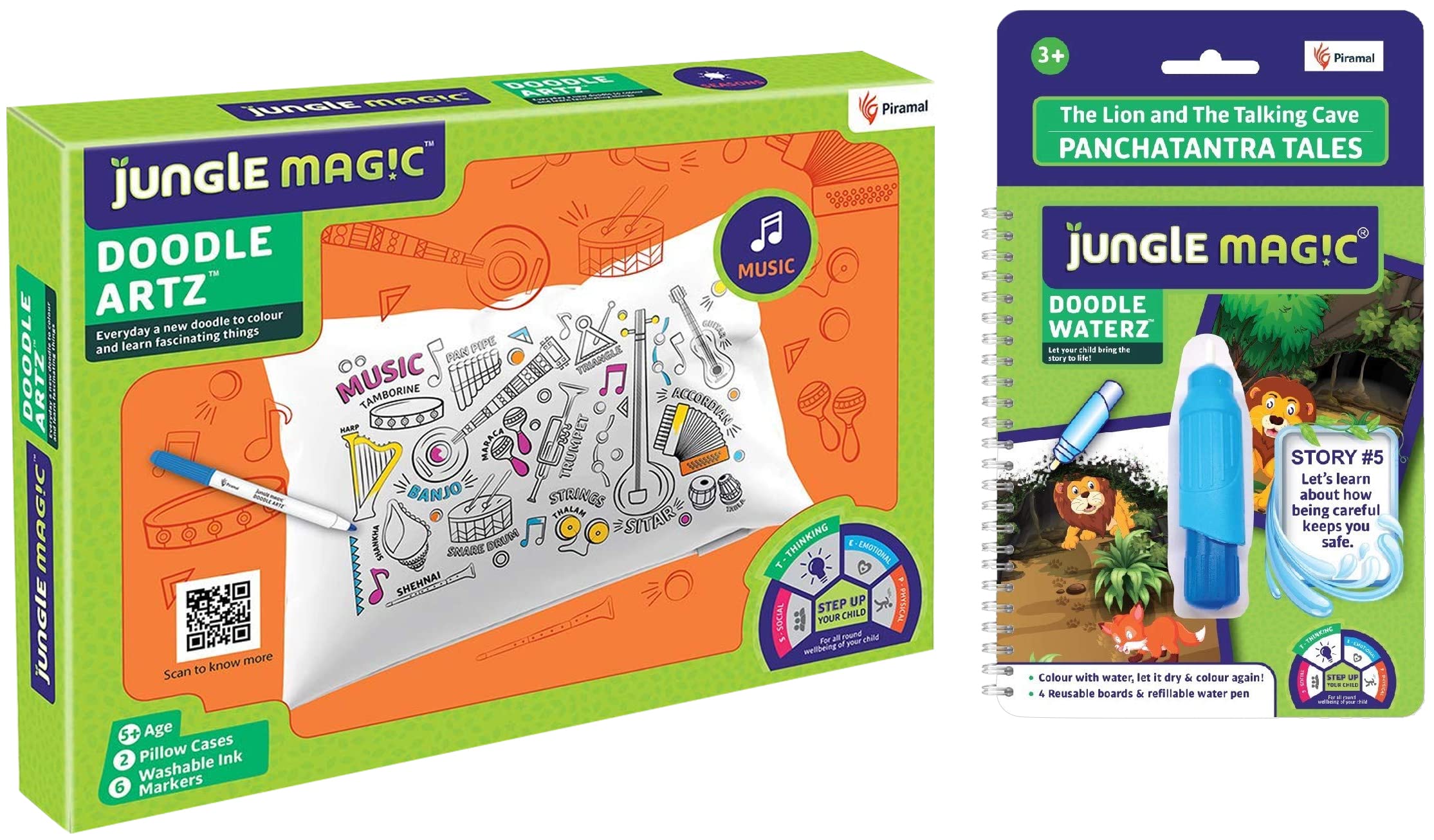 Jungle Magic Doodle Artz Music, White & Doodle Waterz - Reusable I Water Colouring Book - Panchtantra Story I Lion & Talking Cave for Kids