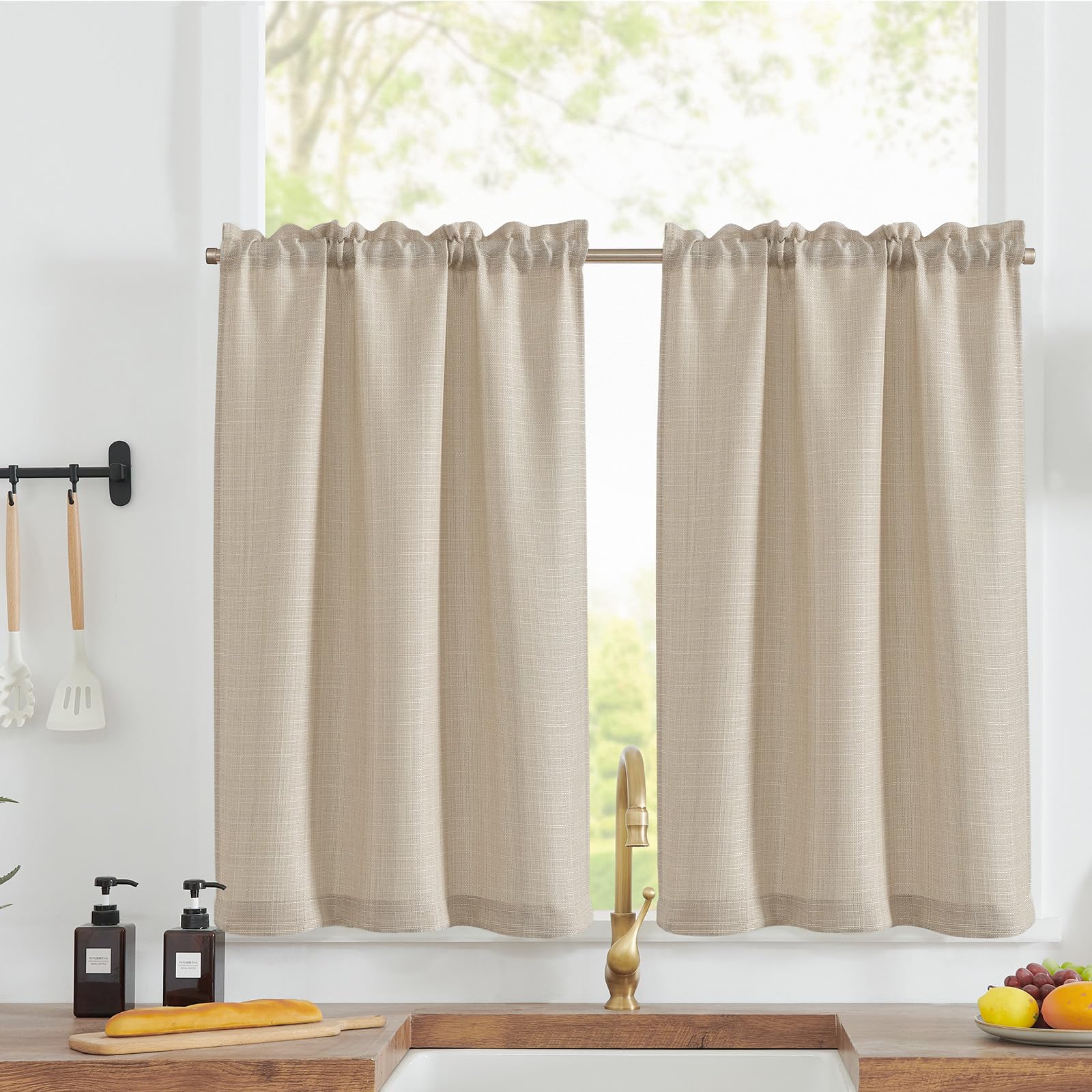 TOPICK Scheibengardinen Küche Beige Bistrogardine mit Tunnelzug Modern Gardinen Kurz Lichtdurchlässig Leinenoptik Küchengardinen für Kleine Fenster Wohnmobil Küchenfenster 2er Set 115H x 90B cm