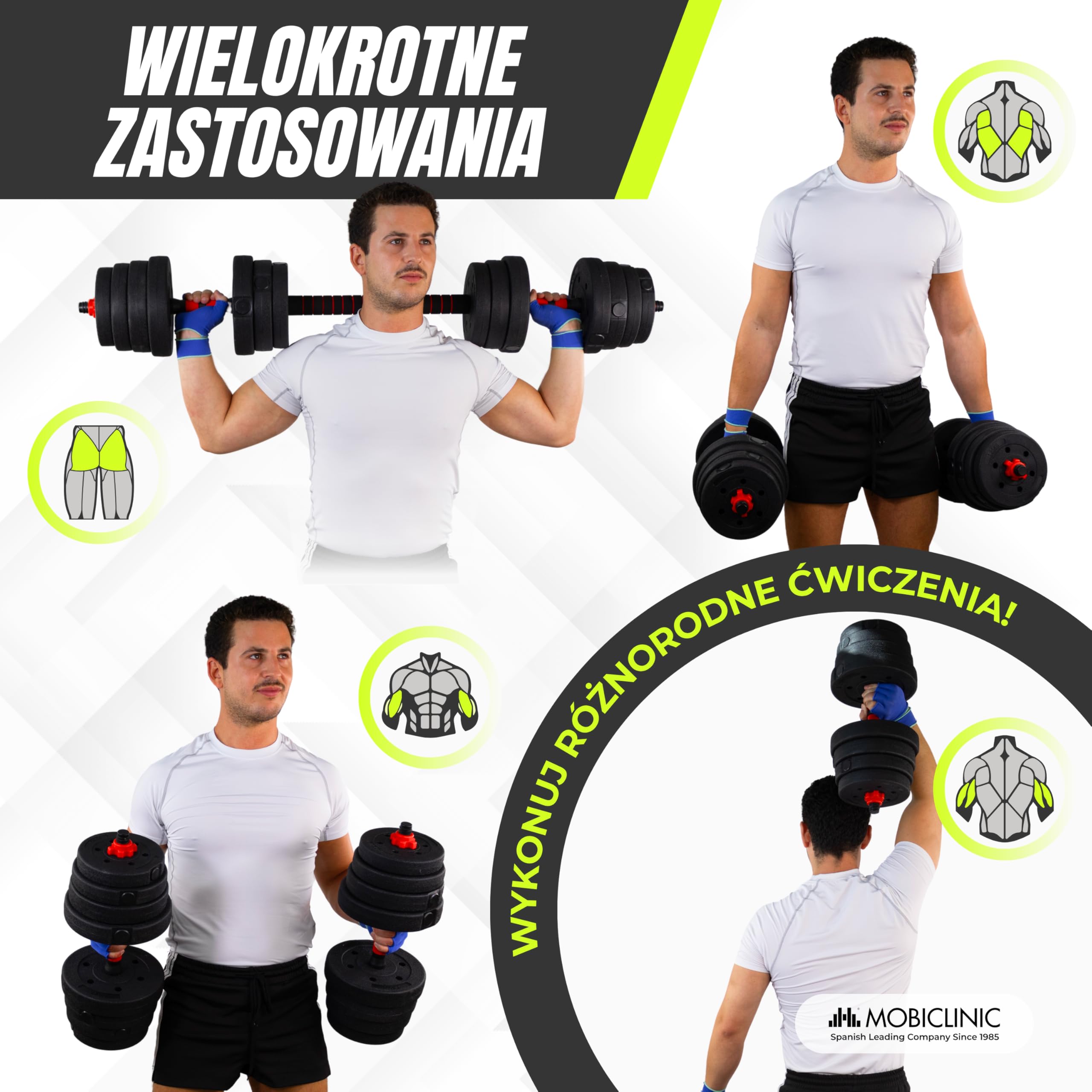 Mobiclinic®, Regulowane Hantle 30 kg, 2 w 1, Zestaw Ciężarków, Hantle, Drążek Łączący, Przenośny, Uchwyt Antypoślizgowy, Maxifit, Siłownia Domowa, Fitness