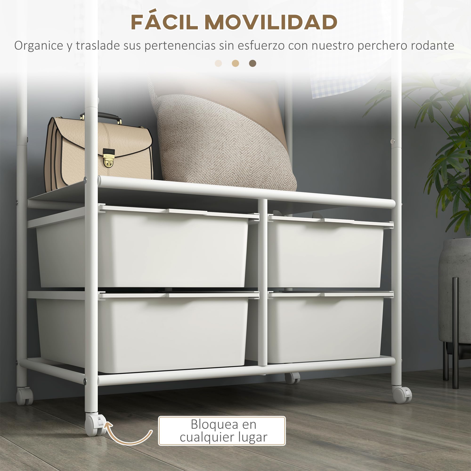 HOMCOM Perchero con Zapatero Moderno con 8 Ganchos 63x37x153 cm Blanco | 4 Cestas para Zapatos, Perchero Entrada, con Ruedas, Marco de Acero, para Salón Dormitorio Pasillo