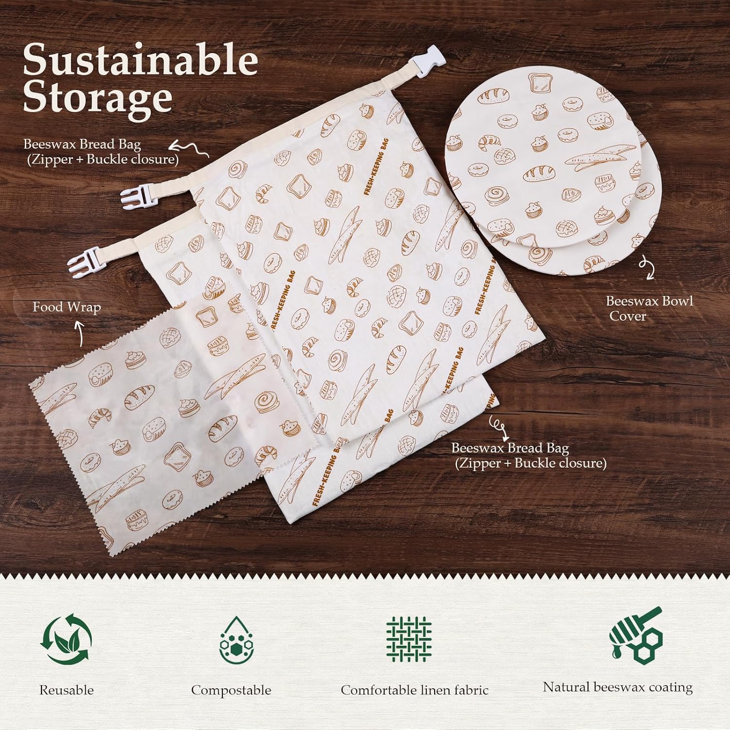 5PCS Beeswax Bread Bags with Zipper Seal, Reusable Beeswax Wrap, Plastic-Free Food Storage Wrap, 2 Sourdough Natural Beeswax Bread Storage Bag, 1 Wrap, 2 Bowl Cover