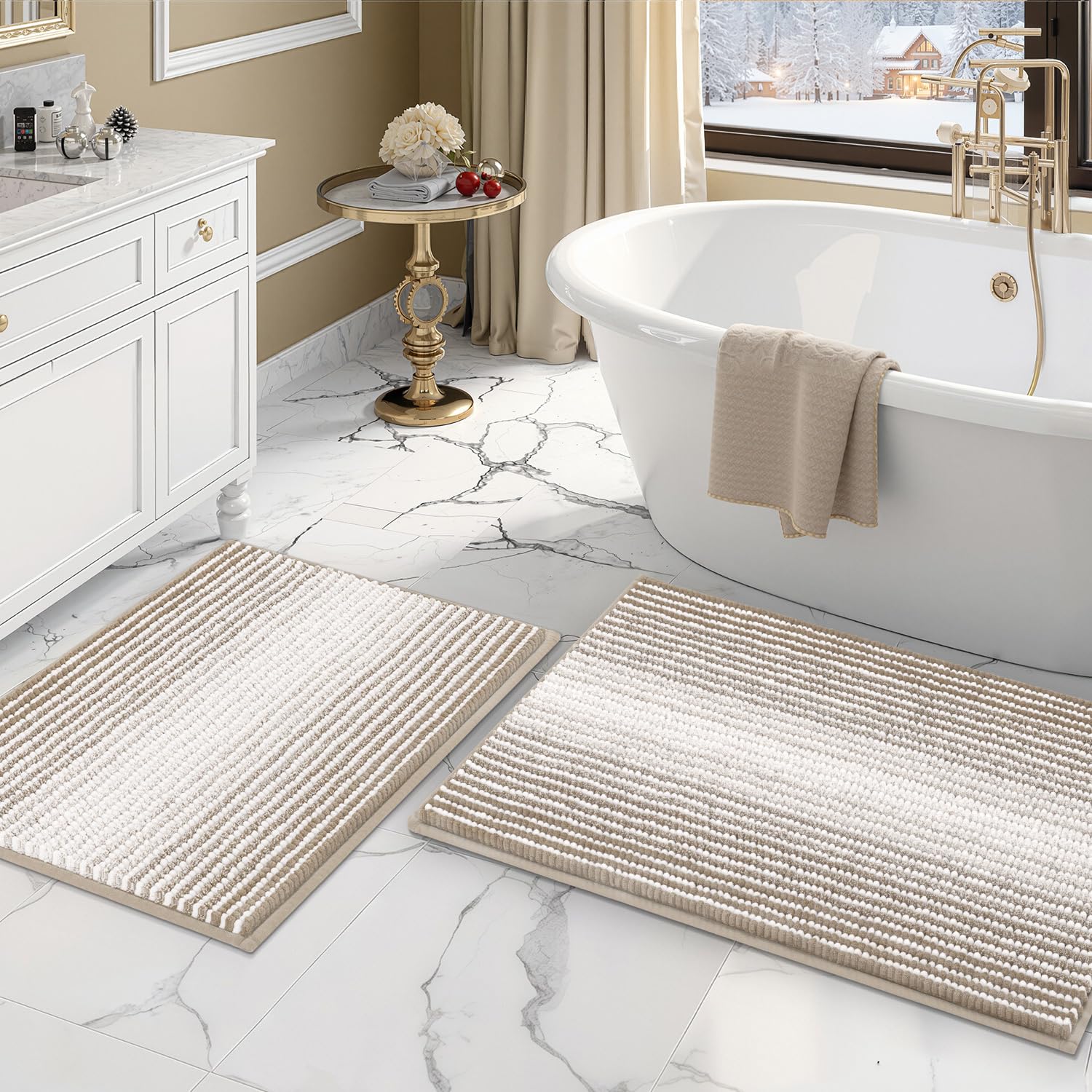 Bathroom Rugs and Mats Sets 2 Piece Thick Absorbent Chenille Bath Mat Rug Set Non Slip Soft Shaggy