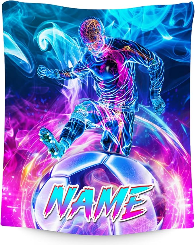 Soccer Blanket Gifts, Personalized Boys Blankets with Name, Custom Sports Theme Throw, Warm Flannel Throw for Kids, 30"x40"
