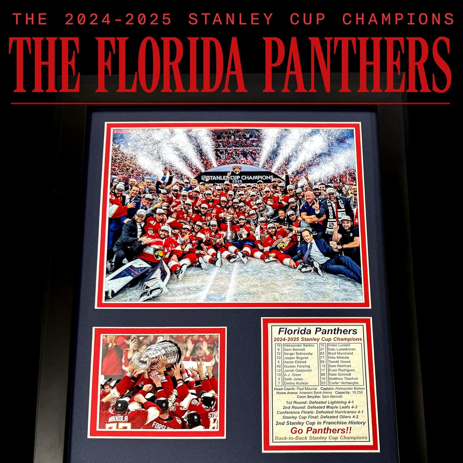 Florida Panthers 2024-2025 Stanley Cup NHL Champions | Collectible Ice Hockey Memorabilia | Framed Picture & Photo Collage Gift, Man Cave Wall Art, Home Decor (Posed on Ice, 12"x15")
