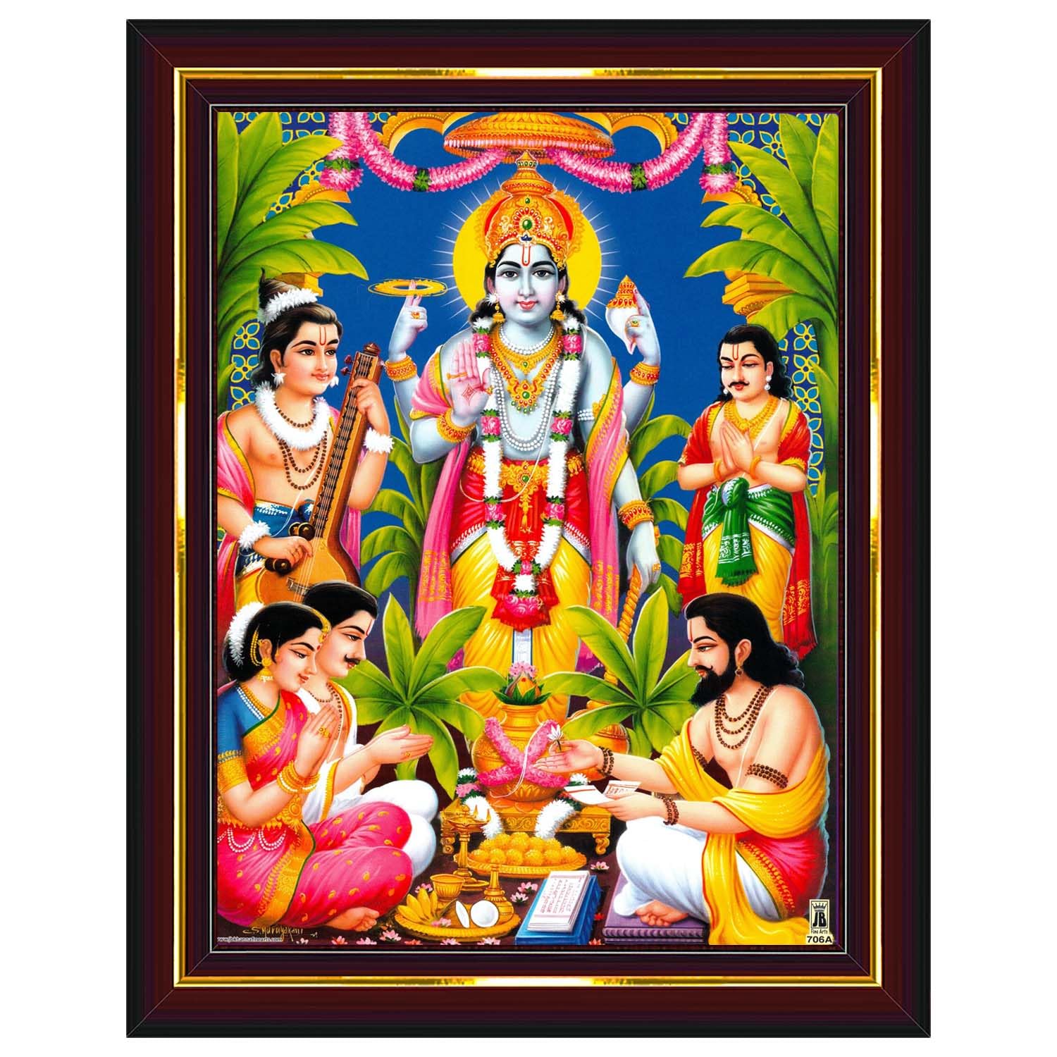 Lord Satyanarayana Swamy Bhagwan Satyanarayan Wall Painting Framed Home Decor (Wood,Matte,Brown,Small Size,6 x 8 Inch) B618S