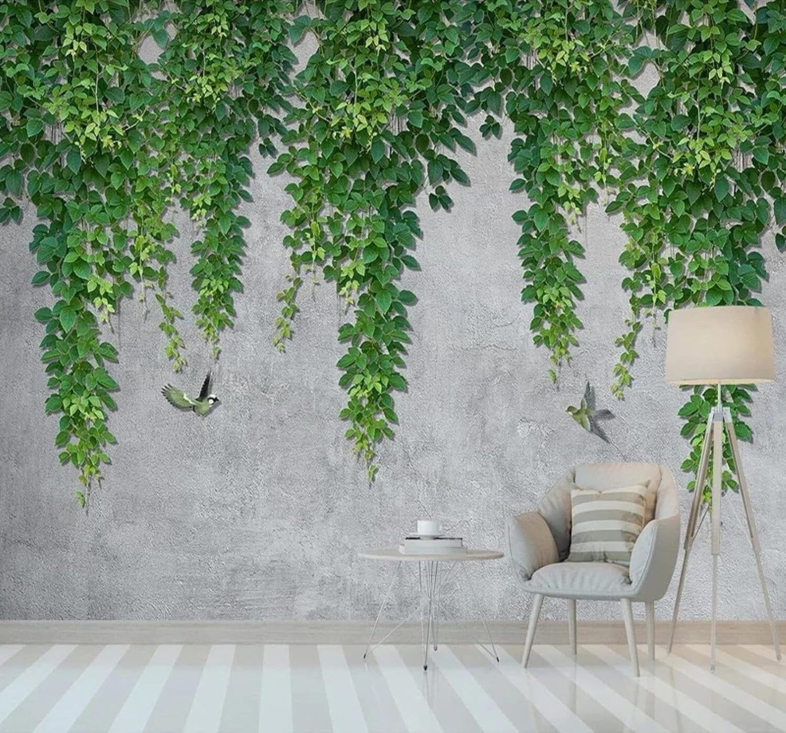XLMING Fresh Green Leaves Vines Birds Concrete Wall 3D Wallpaper Silky Texture Home Study Office Grey Dining Room Sofa Bedroom Living Room TV Backdrop-250cm×170cm
