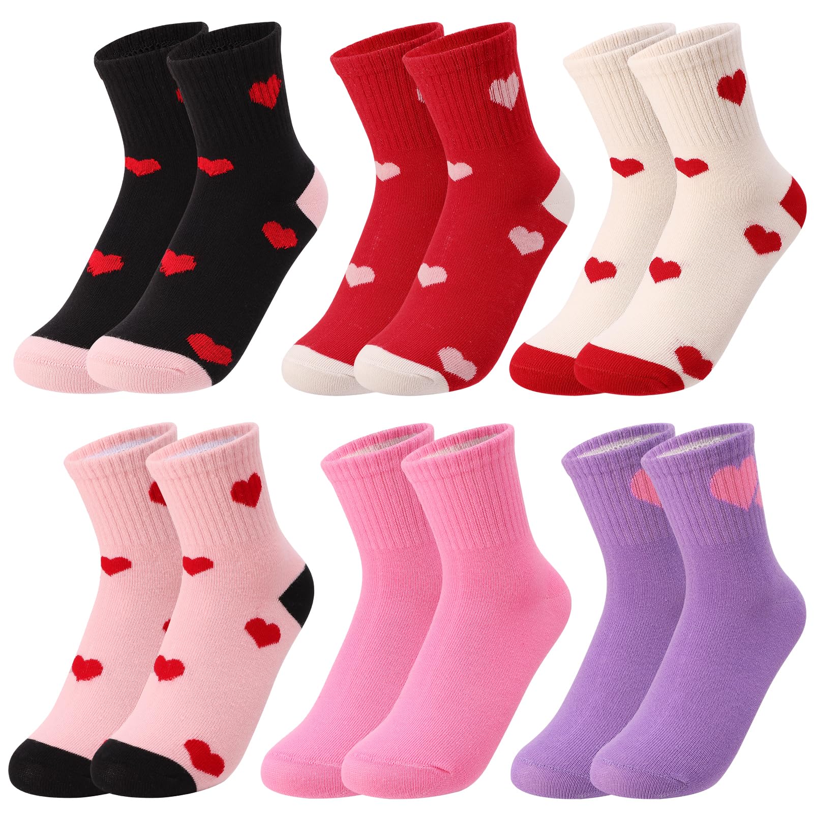 Utensilsto 6 Paar Herz Tennissocken für Mädchen Sportsocken Kinder 33-36 Tennis Socken mit Streifen Crew Socks Laufsocken Sport Socken for Kinder, Mehrere Herzen