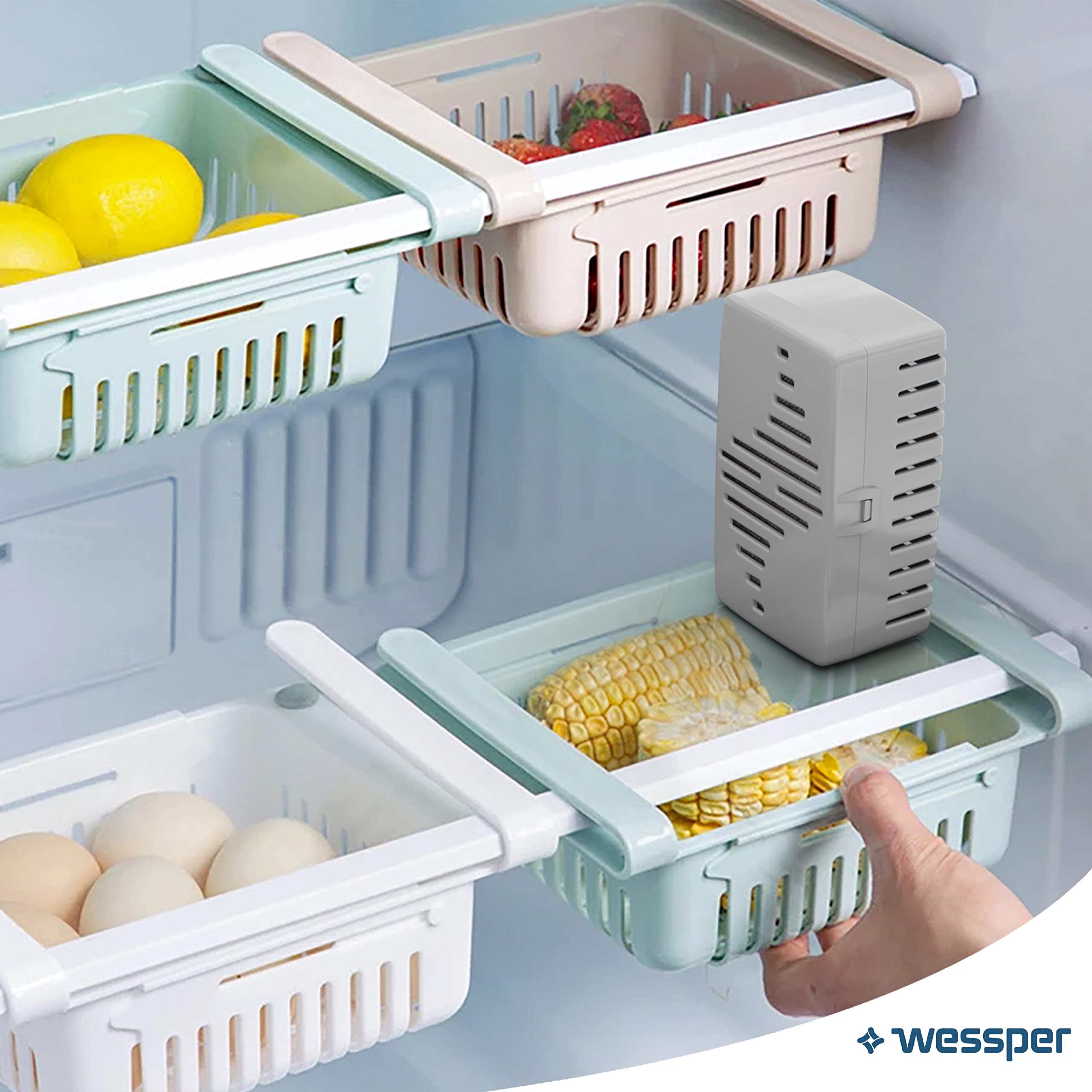 Wessper Fresh Fridge pochłaniacz zapachów do lodówki z wymiennym wkładem, neutralizuje niepożądane zapachy, z węglem aktywnym, bardzo wydajny, 6 miesięcy użytkowania, 4 opakowania uzupełniające | Lodówka eliminująca zapachy, z wymiennym wkładem z węglem a