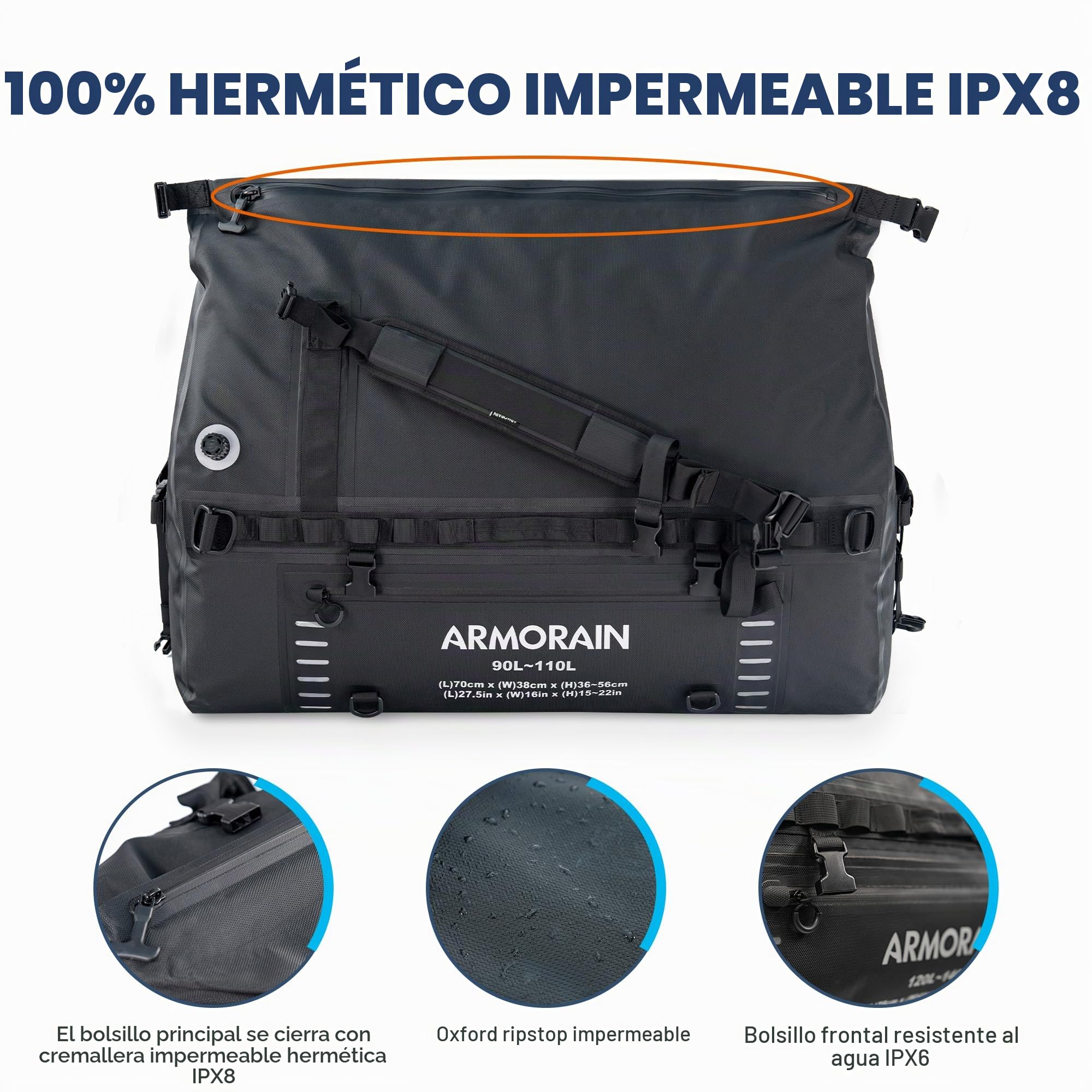 Bolsa de viaje impermeable hermética de gran capacidad ARMORAIN de 90L-110L, equipada con correas para el hombro inflables duraderas y asas, adecuada para equipos de buceo, motocicletas, remo, kayak