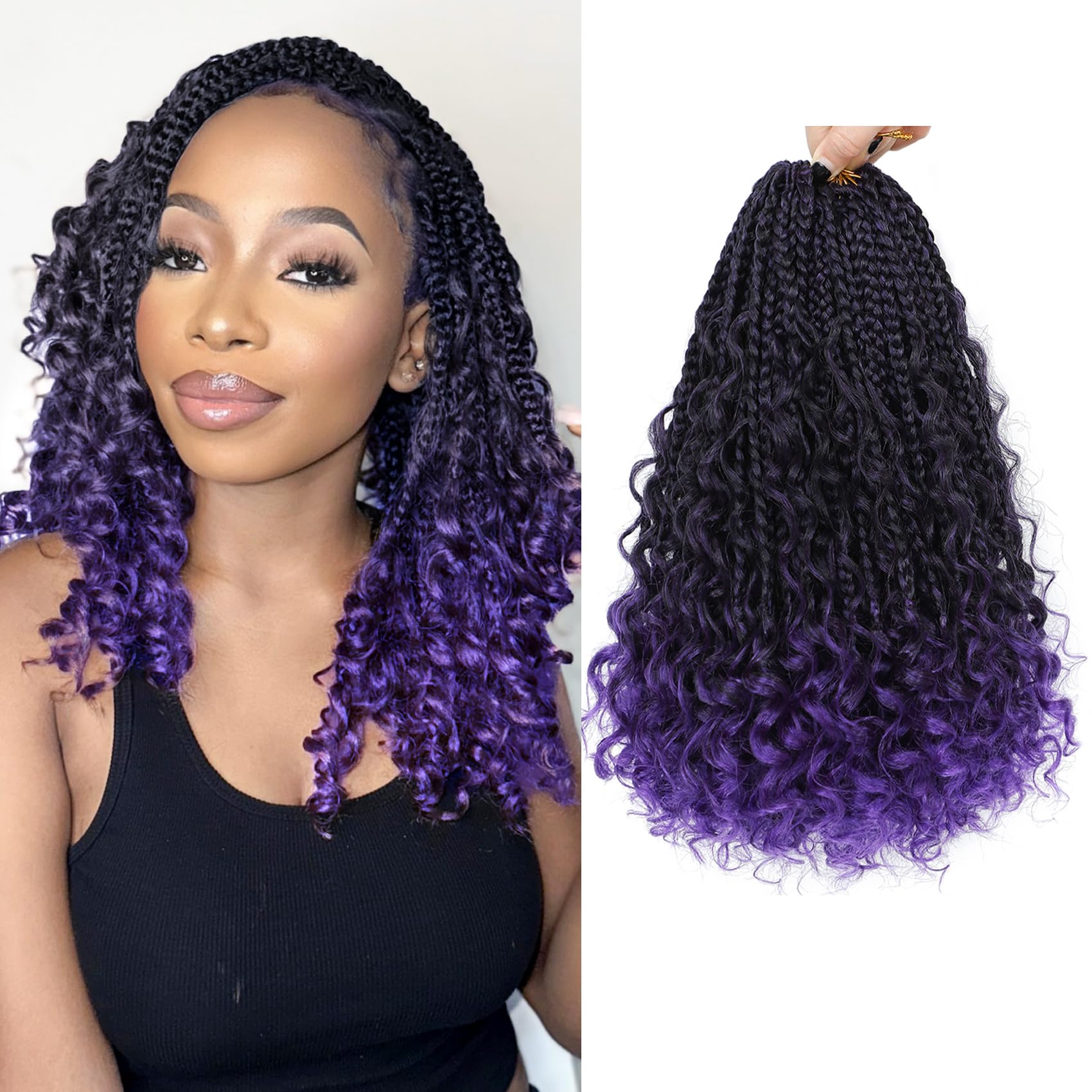 Fulcrum Goddess Box Braids Crochet Hair 14 Inch, 9 Packs Box Braids Crochet Hair for Women, Crochet Braids with Curly Ends (14Inch, 1B/Purple#)