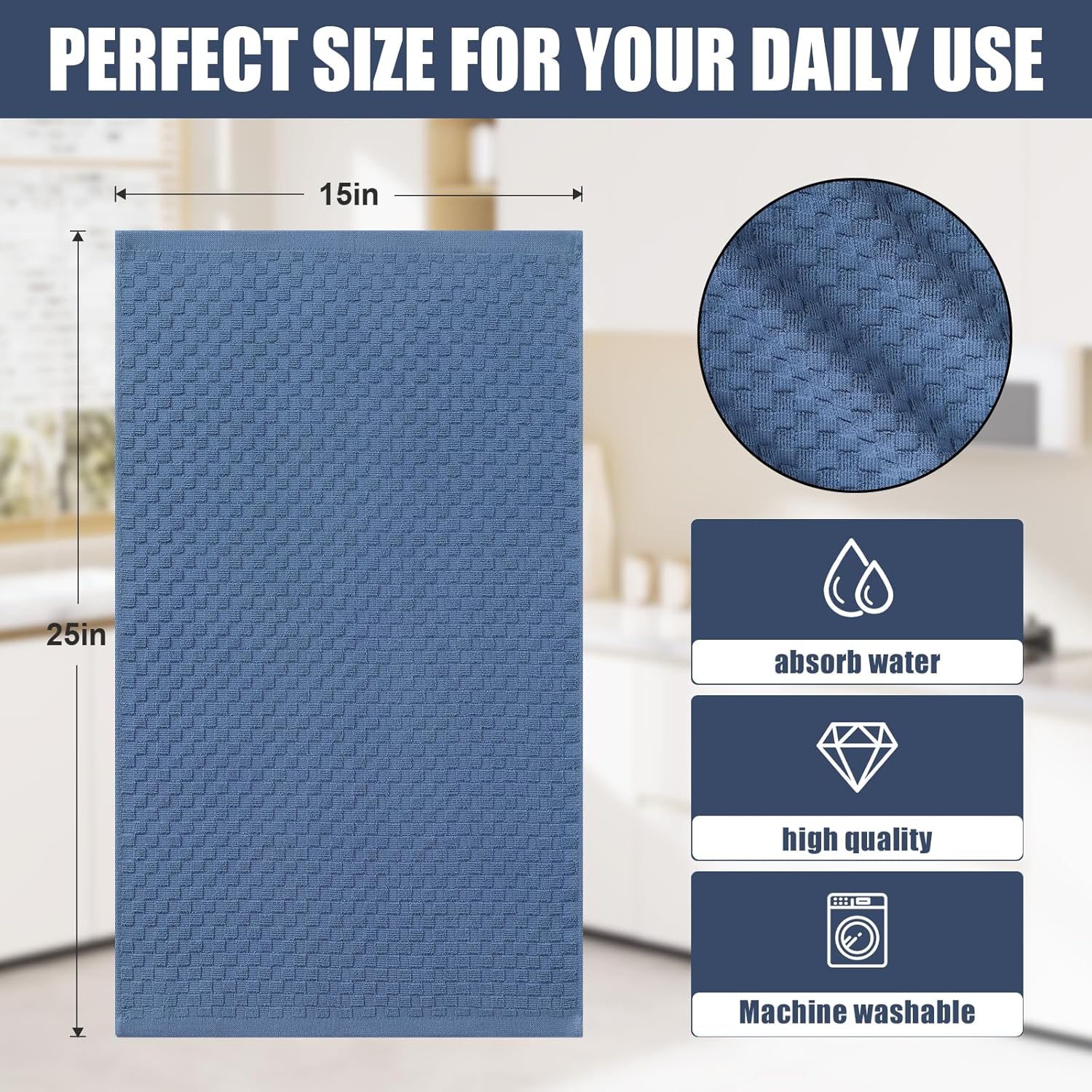 Homaxy 100% Cotton Terry Kitchen Towels(15" x 25", 6 Pack), Soft and Super Absorbent Dish Towels, 380 GSM Reusable Tea Towel with Hanging Loop, Pineapple Grid Designed, Navy Blue