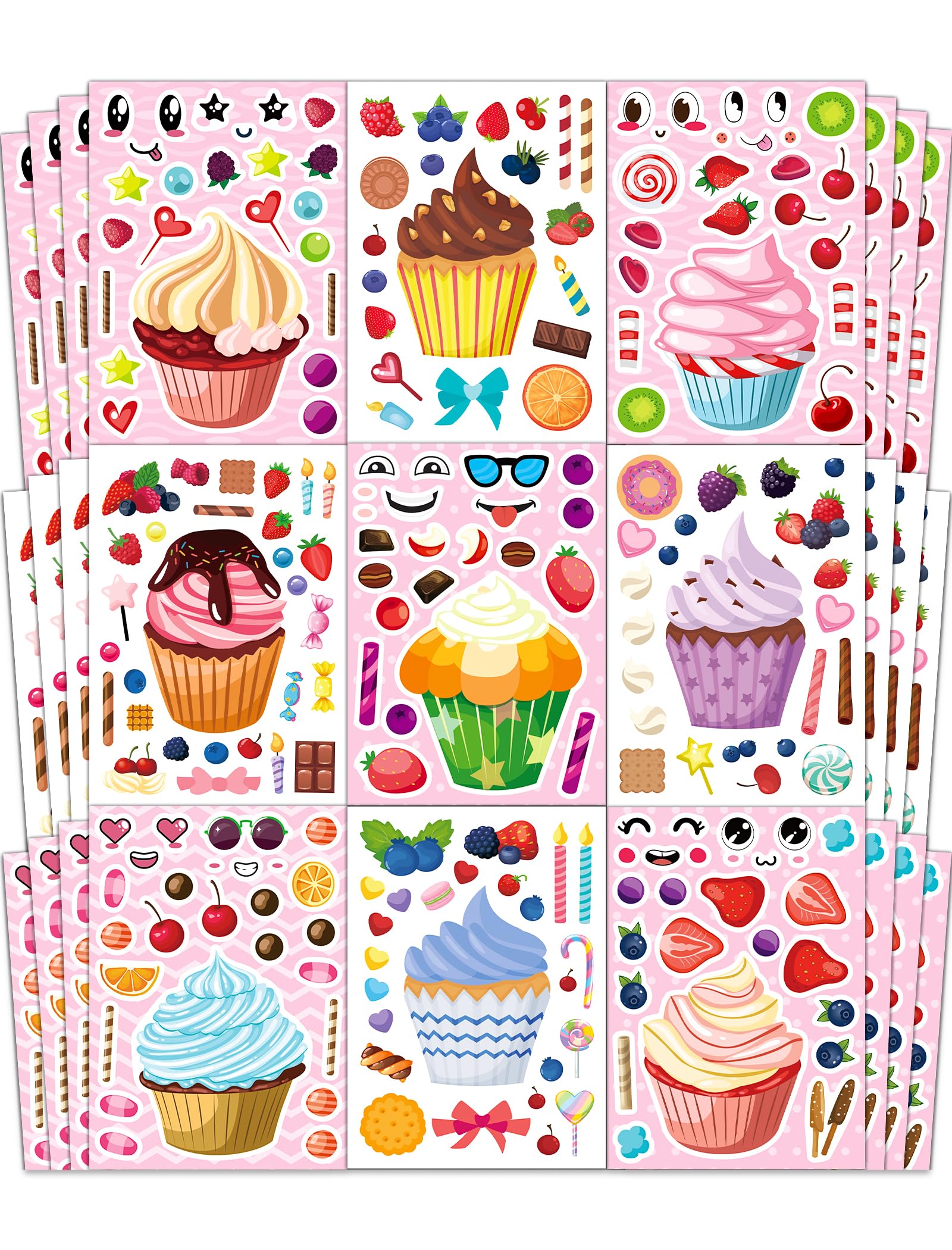 36 Pcs Cupcake Make-a-Face Sticker Sheets | Mix & Match Ice Cream Dessert Party Favors for Toddlers & Kids Ages 2-8 | Treats Party Activities, Birthday Decorations, Crafts & Supplies