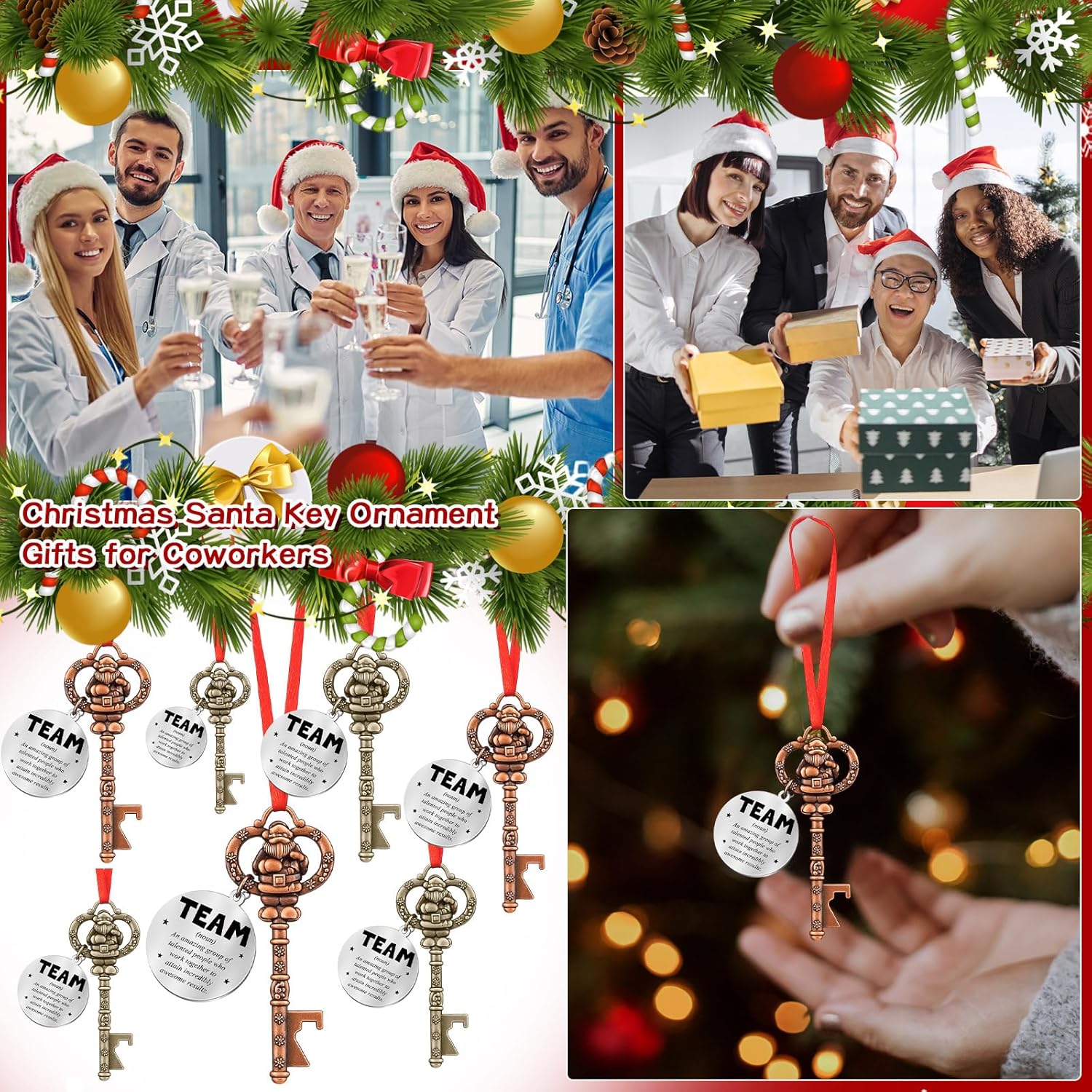 Ziliny 24 Sets Christmas Tree Key Ornament Gifts for Coworkers Team Santa Key Ornament Bottle Opener with Thank You Cards Team Appreciation Gifts for Employee Staff Teacher Coworker