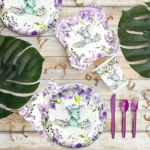 Miniatura 5 de Suministros de fiesta de elefante para baby shower, decoraciones de elefante para baby shower para niña, incluye platos, vasos, servilletas,