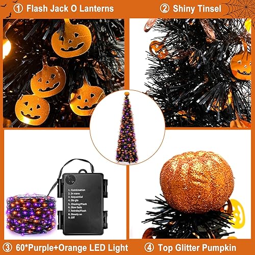 Miniatura 5 de Temporizador  6 pies 60 LED de oropel decoración de árbol de Halloween con luces naranjas y moradas, 8 modos de funcionamiento negro, árbol de