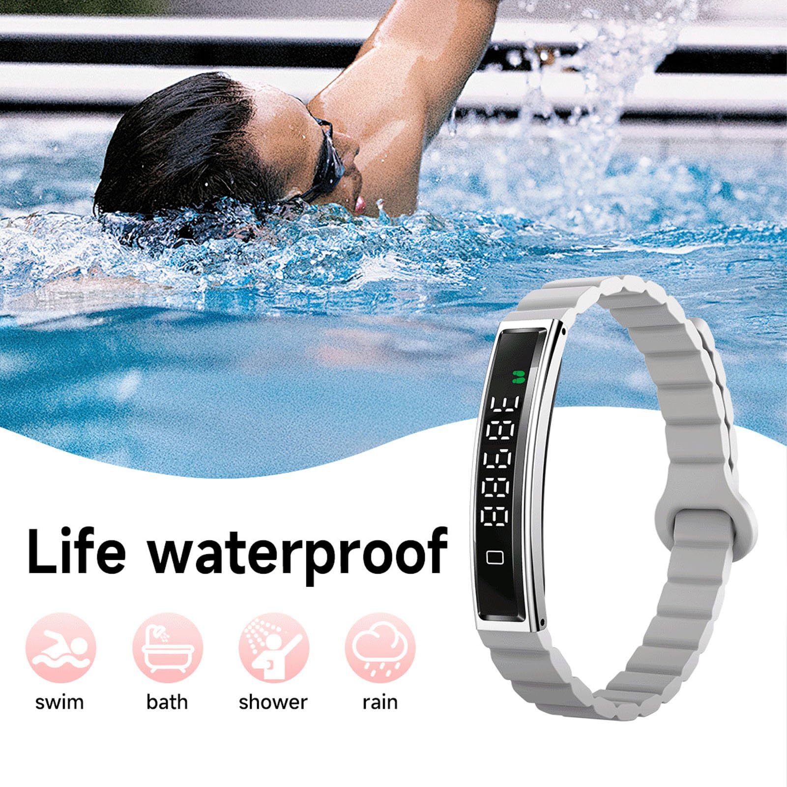 Pulsera Inteligente Rastreador de Ejercicios Rastreador de Actividad de Salud Contador de Pasos con Toma de Fotos remota Diseño de impermeabilización Accesorio magnético pa (Plata)