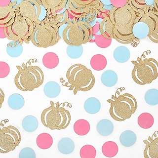 Whaline 300pcs Thanksgiving Little Pumpkin Confetti Glitter Gold Pumpkin Baby Shower Table Confetti Round Pink Blue Paper Dots for Thanksgiving Fall Gender Reveal Baby Birthday Supplies Table Decor