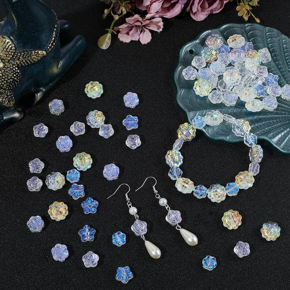 1 Box 150PCS Clear Flower Glass Beads with Holes Flowers Sunflower Assorted Transparent Plated Floral Spacer Looses Bead Bulk for Jewelry Making Christmas Bracelets DIY Crafts Supplies - Image 4