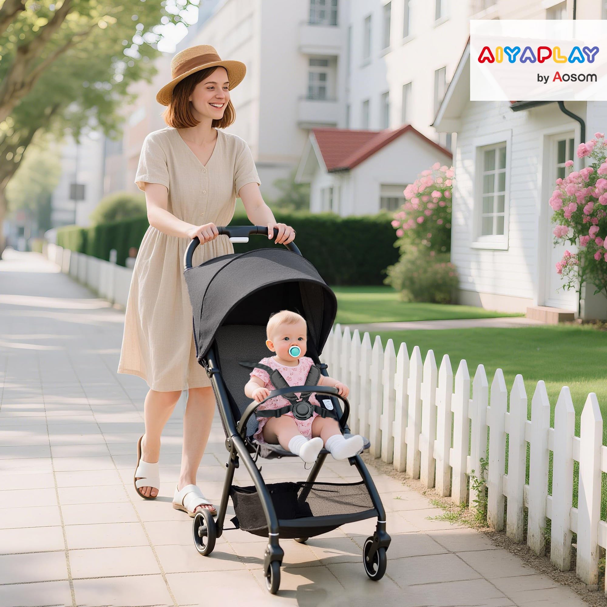AIYAPLAY Silla de Paseo Ligera Plegable con Respaldo Reclinable | Con Reposapiés Ajustable, Capota, Arnés de 5 Puntos, Cesta y Soporte hasta 15 kg