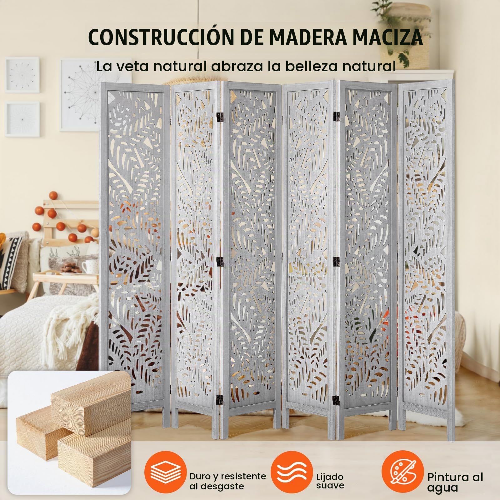 VEVOR Pantalla de Madera Portátil de Estilo Bohemio, Biombo Plegable de Madera de 6 Paneles para Privacidad, 2420 x 1700 x 18,5 mm para Separar Habitaciones, Hogar, Restaurante y Dormitorio, Blanco