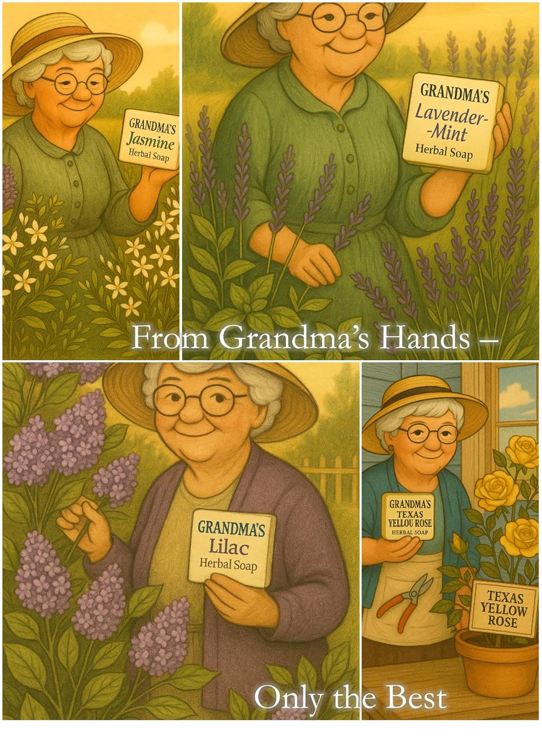 Grandma’s Hand Crafted Herbal Soap – 4-Bar Collection (Multiple Scents Available), 6.5 oz Bars (Floral Collection)