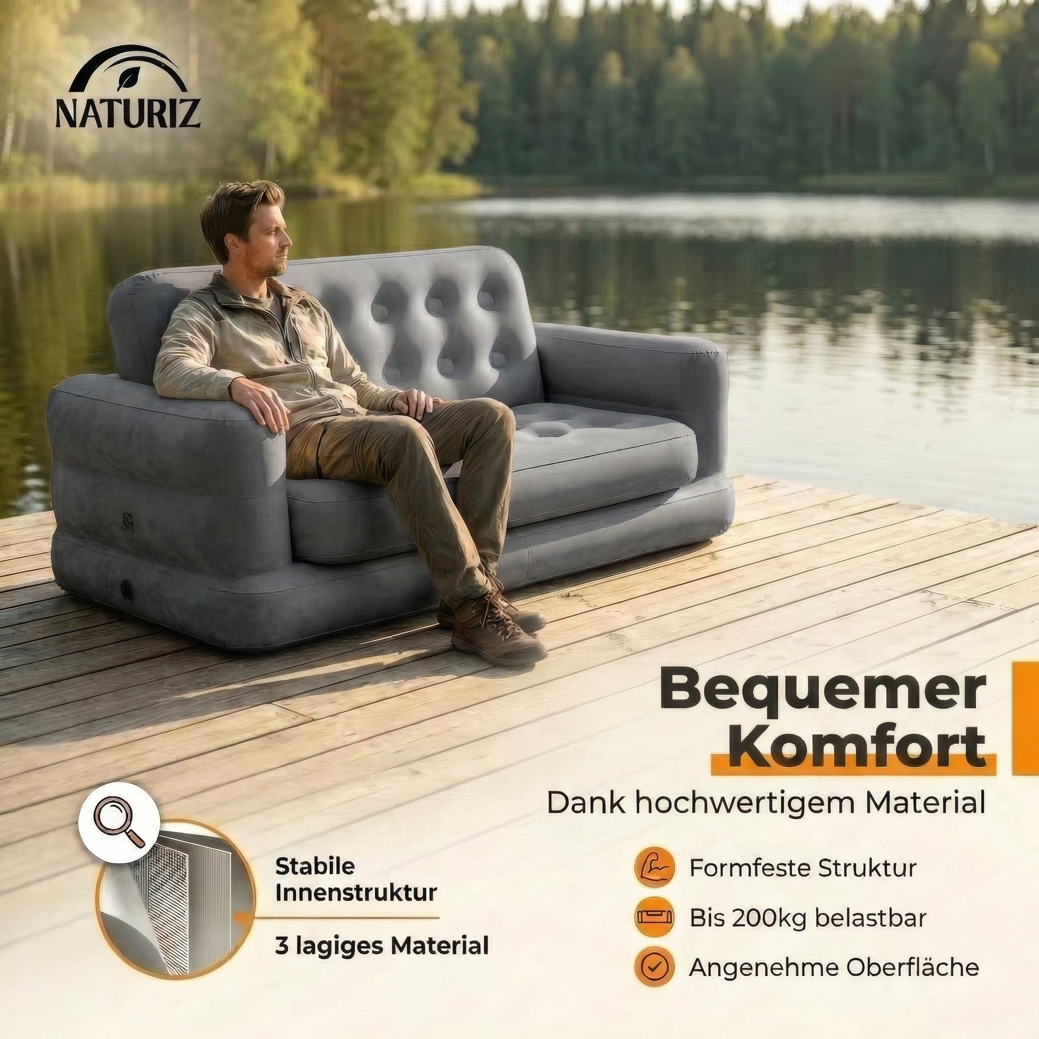 Naturiz® Pull Out Sofa 165x220cm - Camping Sofa mit Bettfunktion - Gästebett 2 Personen - Aufblasbares Sofa mit Tragetasche - kleines Mini Sofa, Mini Couch, Luftsofa (Grau, mit Pumpe)