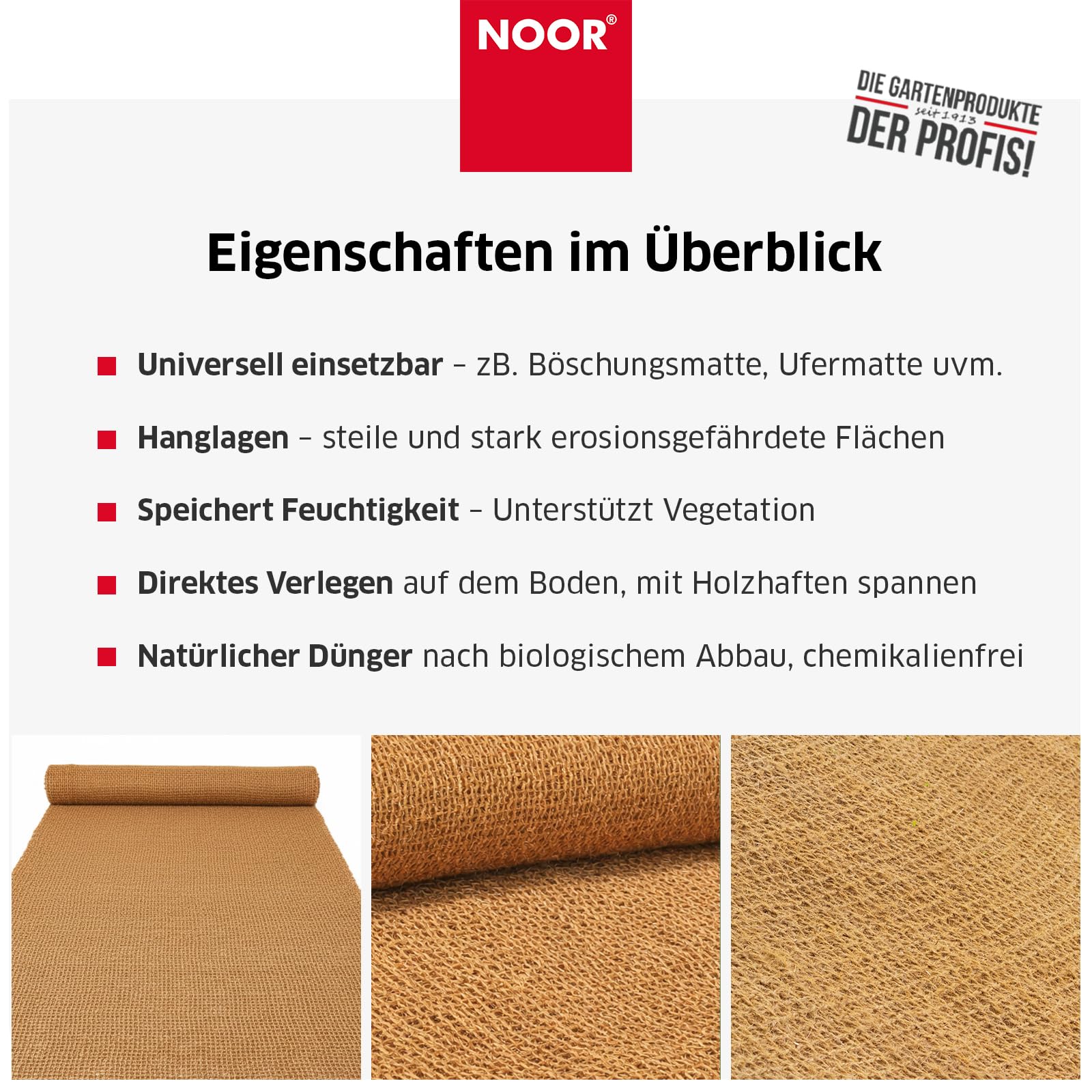 NOOR Kokos Böschungsmatte 1 m x 15 m - Erosionsschutz- & Ufermatte für Garten, Hang & Böschung - biologisch abbaubar & chemikalienfrei - Maschenweite ca. 3 x 3 cm - 400 g/m²