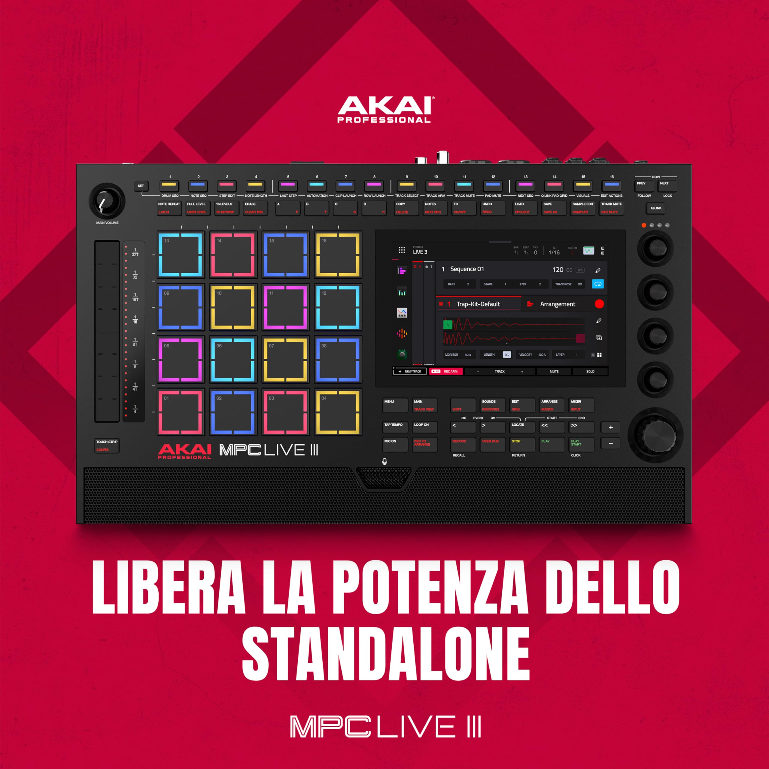 Akai Professional MPC Live III Centro di Produzione Musicale Portatile Standalone con Pads MPCe, Sequencer, Touchscreen, Microfono, Monitor Stereo, Interfaccia Audio, Wi-Fi, Bluetooth, Batteria