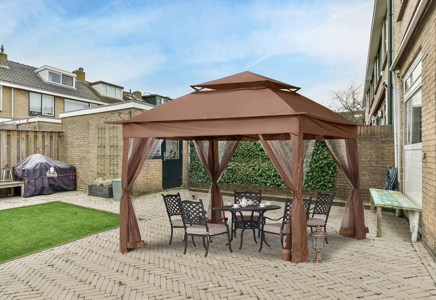 MASTERCANOPY Patio Gazebo Outdoor Pop Up Gazebo with Mesh Walls (11x11,Brown)