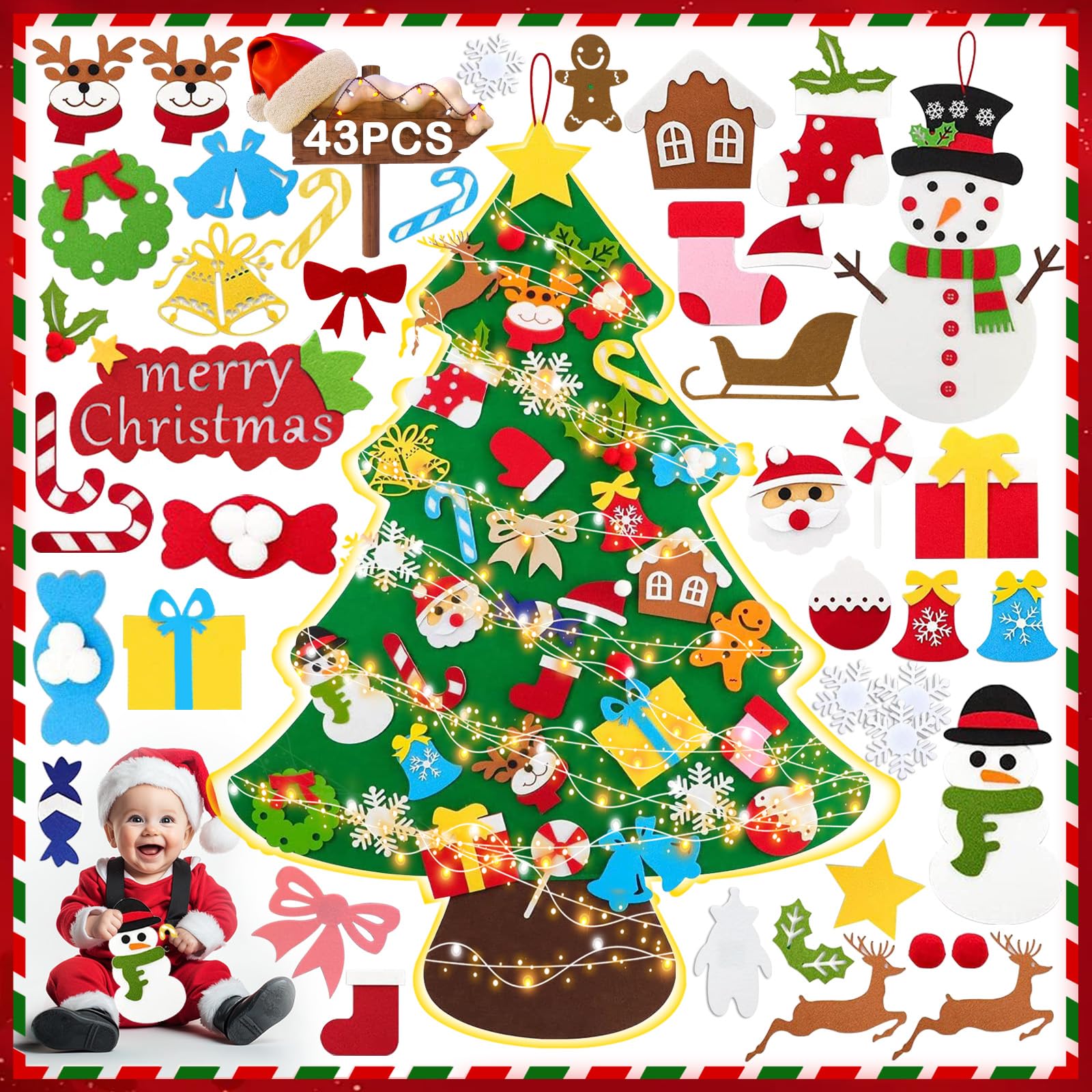 Árbol de Navidad de Fieltro 3,5 ft LED DIY Fieltro Árbol de Navidad con 43 Adornos de Navidad Fieltro Decoración, Árboles De Navidad De Fieltro Decoración De La Pared Puerta para Niños Regalo