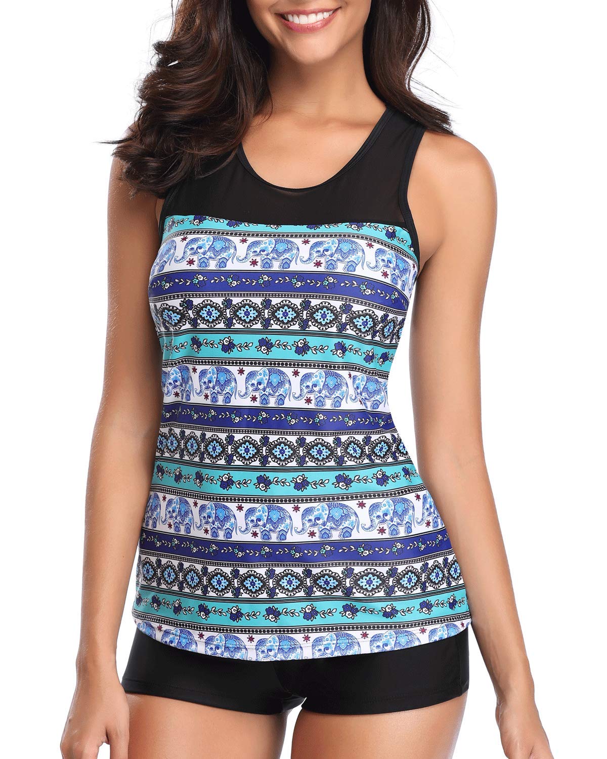 F-Tempt Mesh Mandala Printed Racerback Top with Boyshort, Blue, Size X-Large