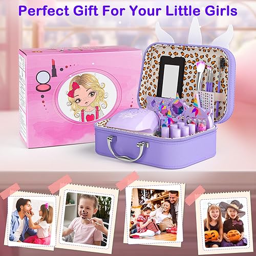Miniatura 7 de Kit de maquillaje para niños para niña, 2 en 1, juguetes de maquillaje lavables para niños, kit de arte de uñas con estuche cosmético de unicornio,