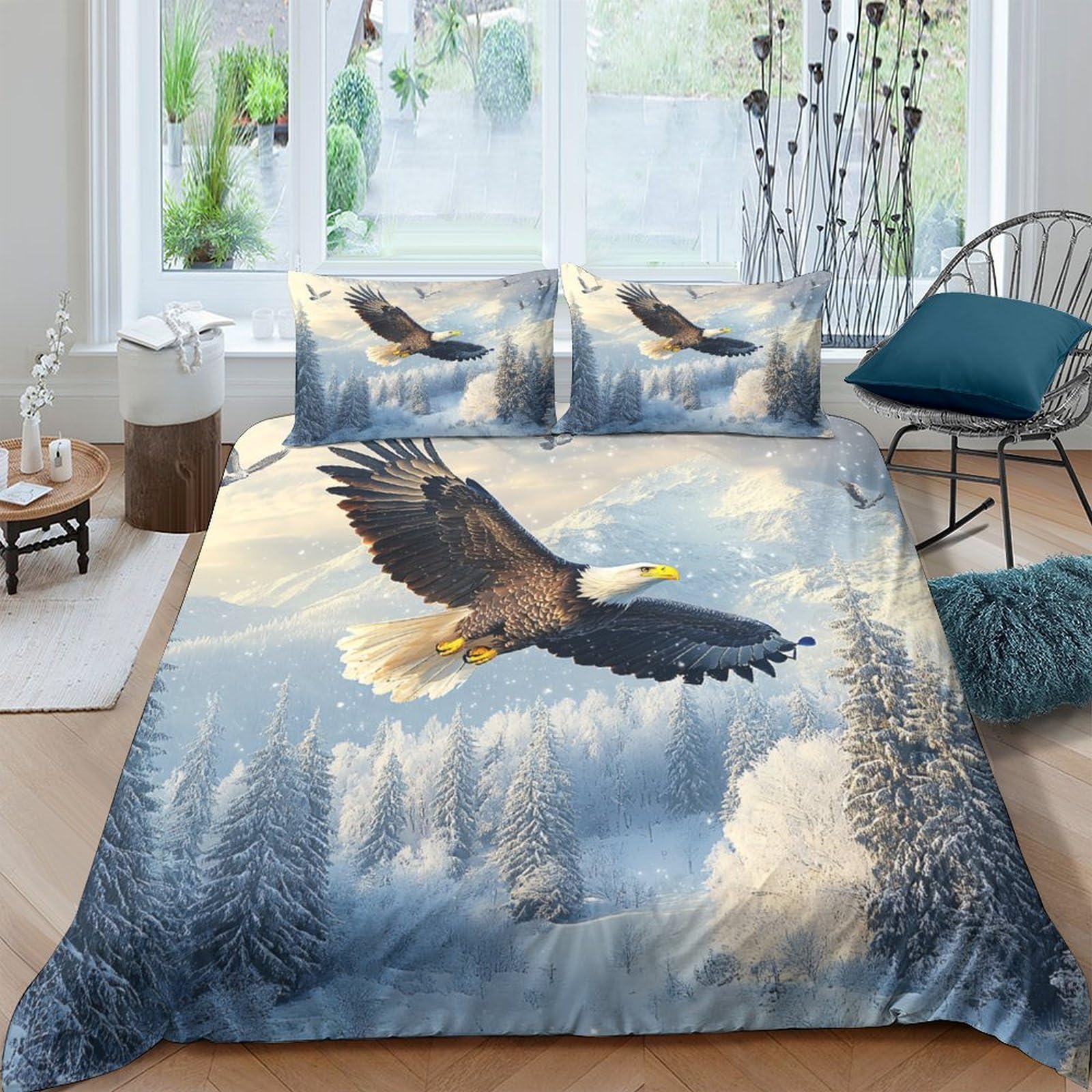 Ctjqhvkz Style-7 3D Printed Soaring Eagle Fitted Sheet Microfiber Soft Forest Sky Mattress Cover Bedroom Hotel Dorm Protection Decor Single（135X200cm）