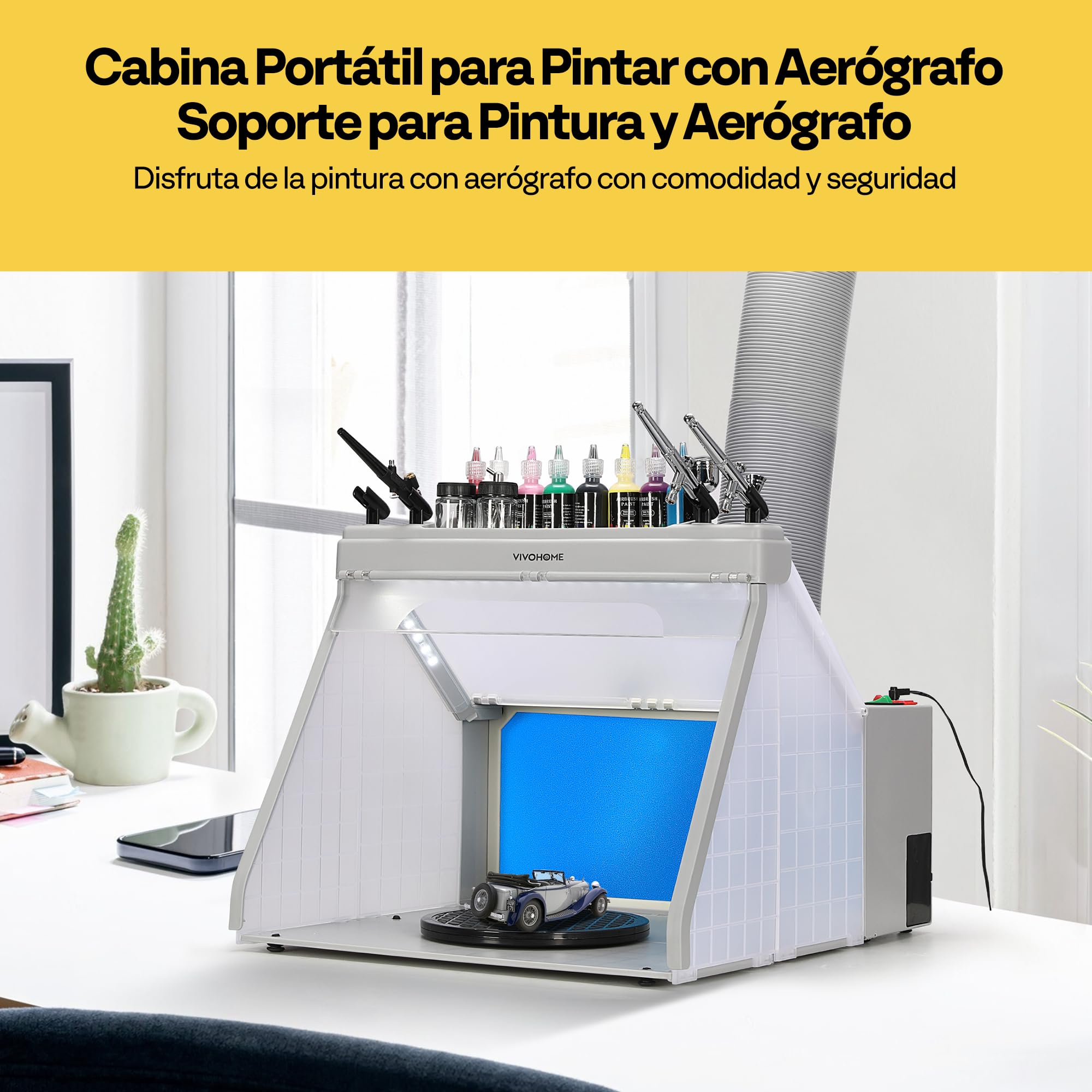 VIVOHOME Cabina de Pulverización Portátil para Aerógrafo con 3 Luces LED con Soportes para Pistolas Pulverizadoras y Pintura Pintar Modelo