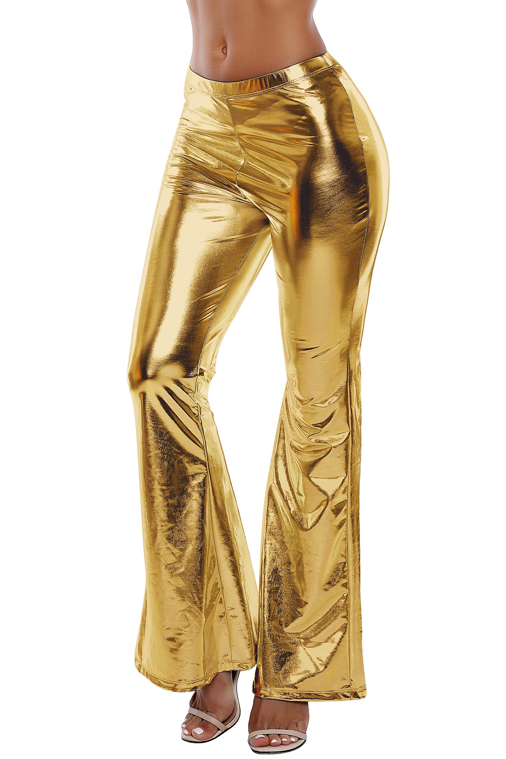 Nihoe Women's Shiny Stretchy Metallic Flare Bell Bottom Wide Leggings Trousers