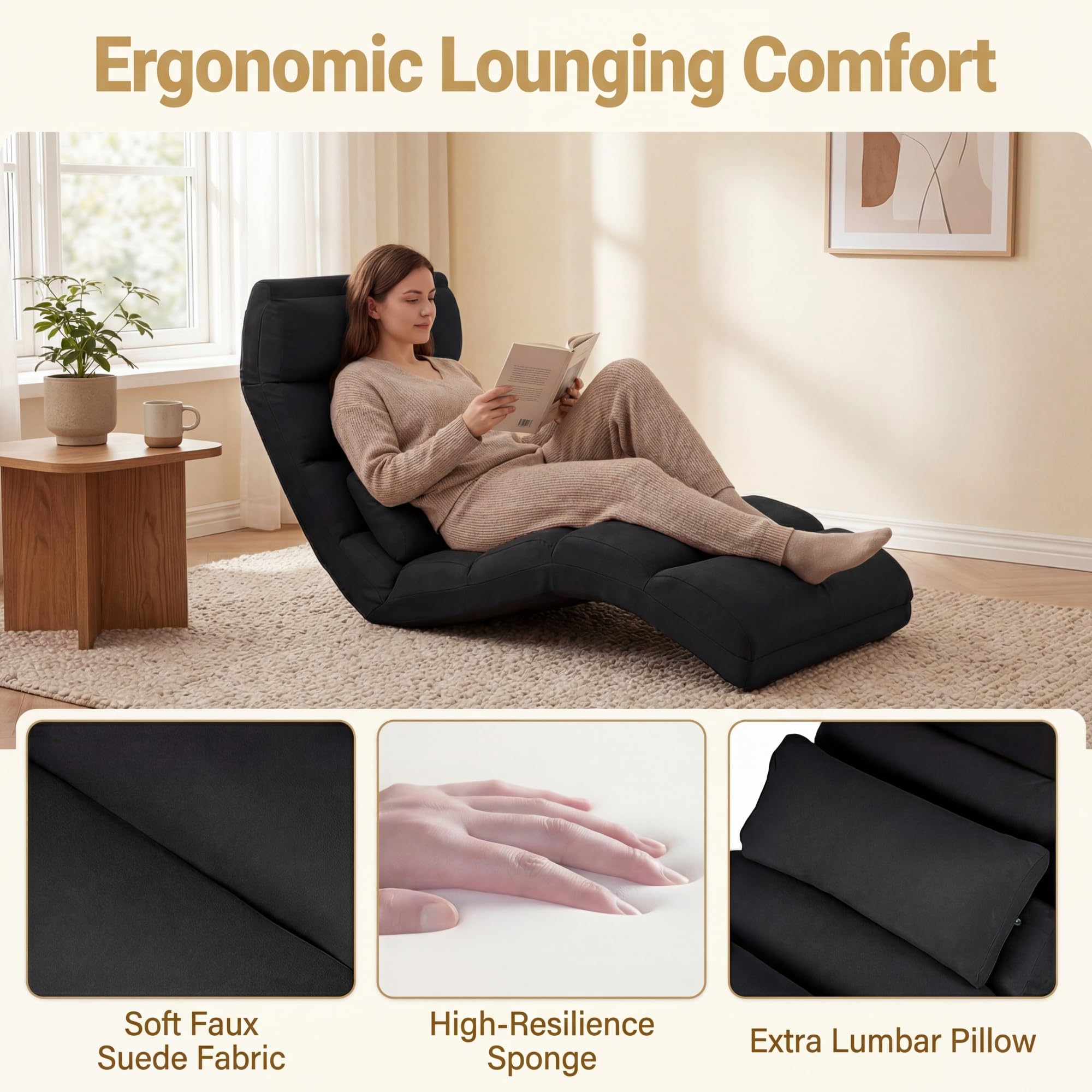 RELAX4LIFE Relaxliege, Bodenliege 5-Fach Einstellbar, Bodenstuhl Faltbar, Relaxsessel mit Kissen, Liegesessel mit Schlaffunktion, bis 120kg belastbar, Klappsessel für Lesen & Schlafen (Schwarz)