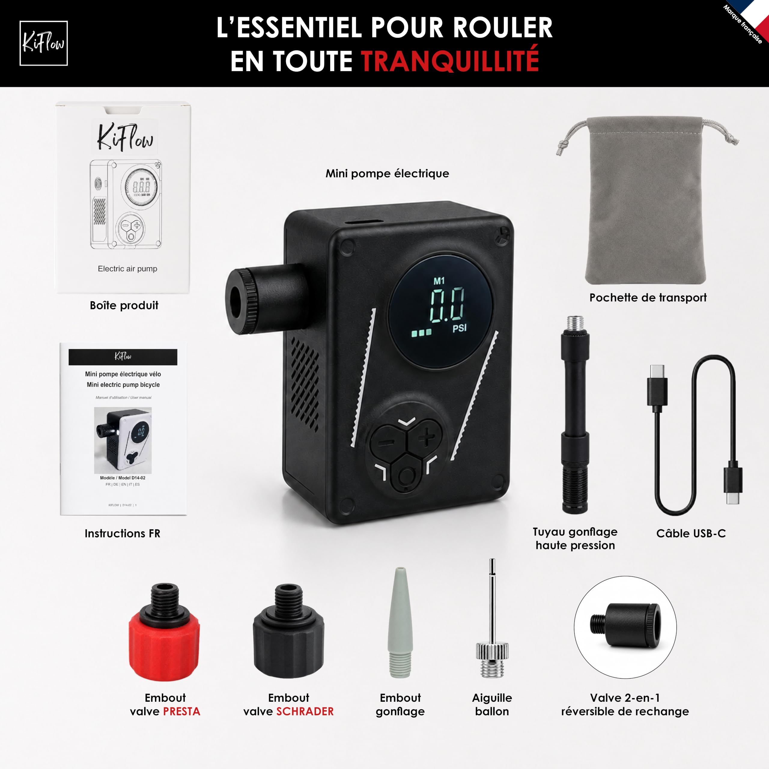 Kiflow Pompe a Velo Electrique, Mini Pompe Portable, Max 120 PSI, Pompe à air à arrêt Automatique avec valves Presta Schrader pour Tous Les vélos, Ballons, Matelas