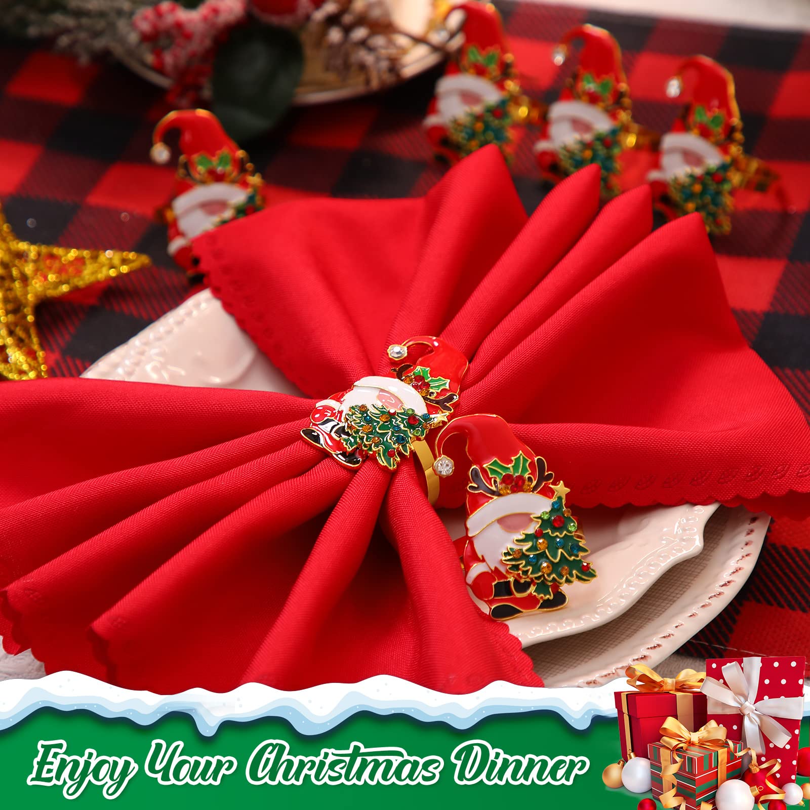 Lot de 12 ronds de serviette « Merry Christmas » en alliage de métal doré et rouge avec strass pour table de Noël, dîner de maison, cuisine, décoration de table de mariage, banquet (nain de mariage)