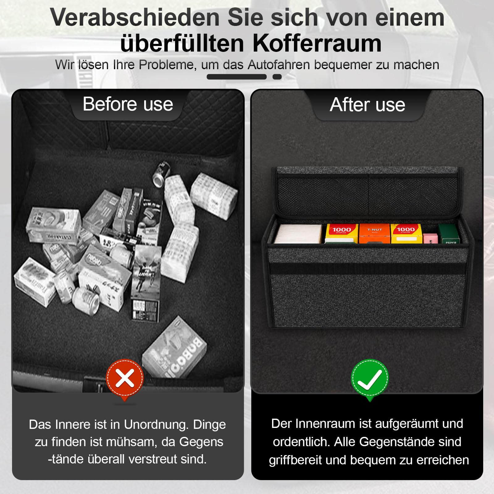 2 Stück Auto Organizer Toolbag, 45 x 15 x 24 cm Kofferraumtasche Toolbag, Kofferraum Organizer aus Filz mit Tragegriff und verstellbare Schulterriemen, Auto Kofferraumtasche für alle Fahrzeuge