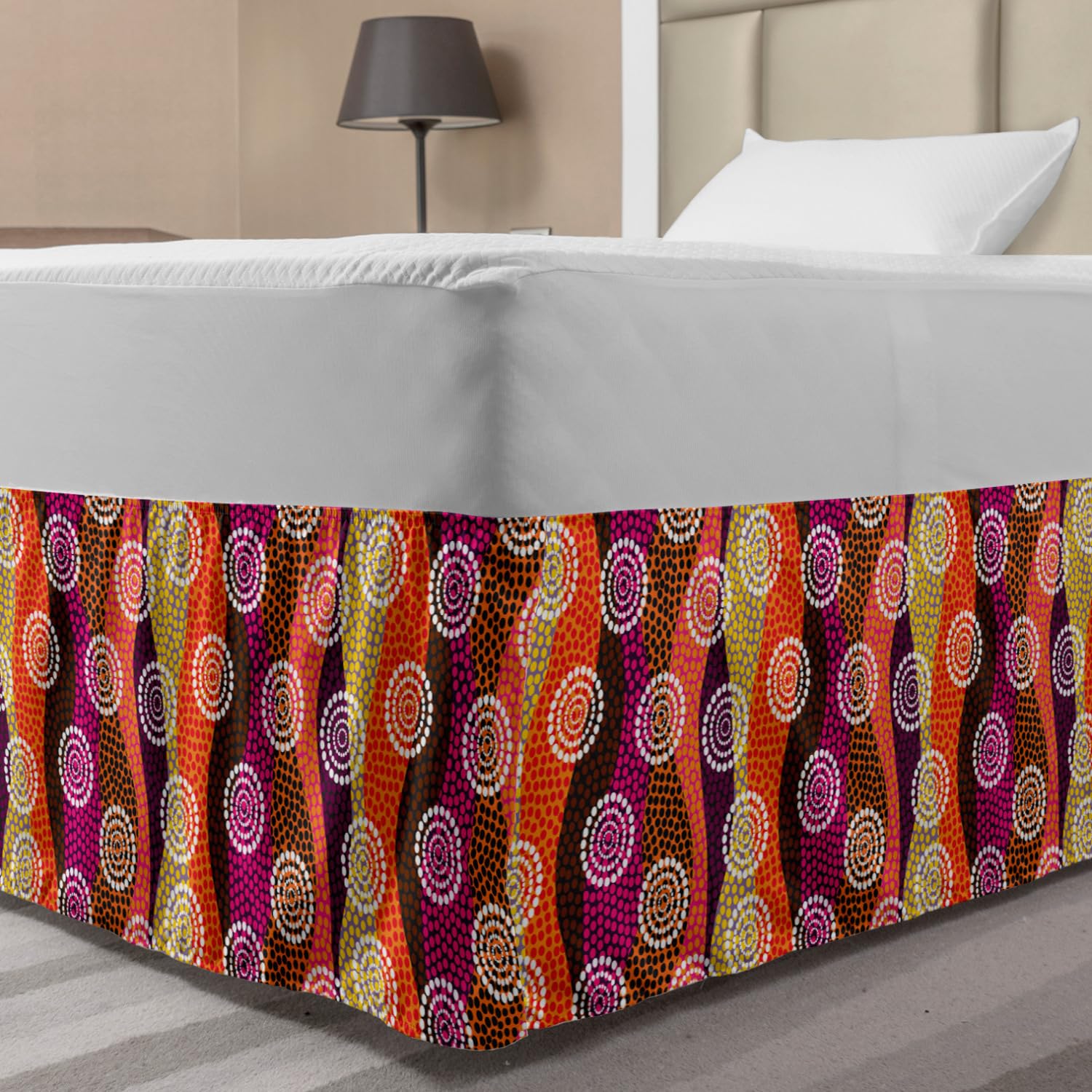 Lunarable Ethnic Bedskirt Circles Pattern in Eastern Style Art Cultural Vibrant Color Palette Bedroom Decor Wrap Around Elastic