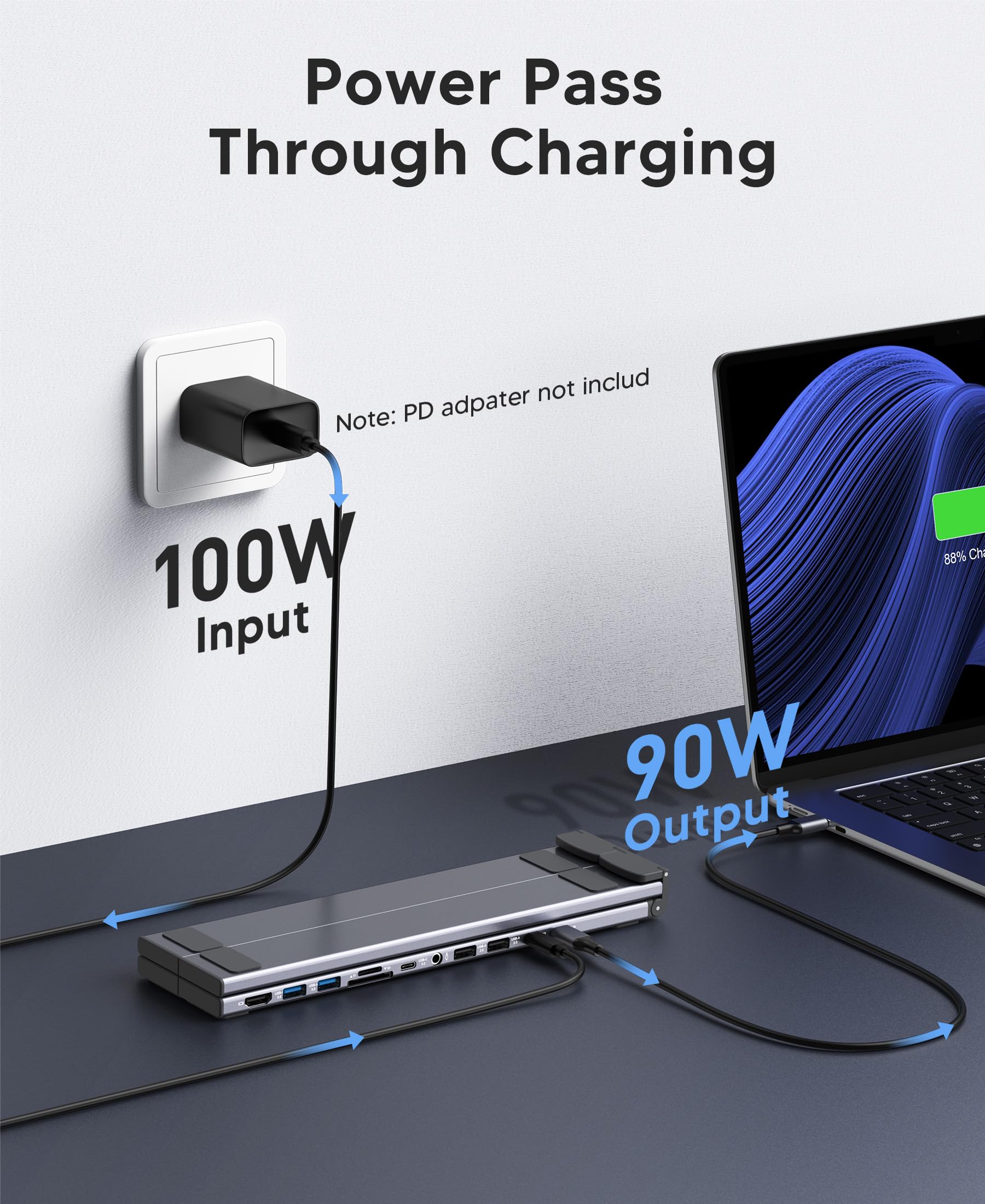 Mukiya Docking station per computer portatile, 11 in 1, supporto per laptop con HDMI 4K | HDMI 4K@60Hz, 2 USB A 3.0, 2 USB A 2.0, PD 100W, USB C 3.0+SD & TF+Audio Compatibile con Mac Pro/Air/Dell/HP/Surface/Lenovo