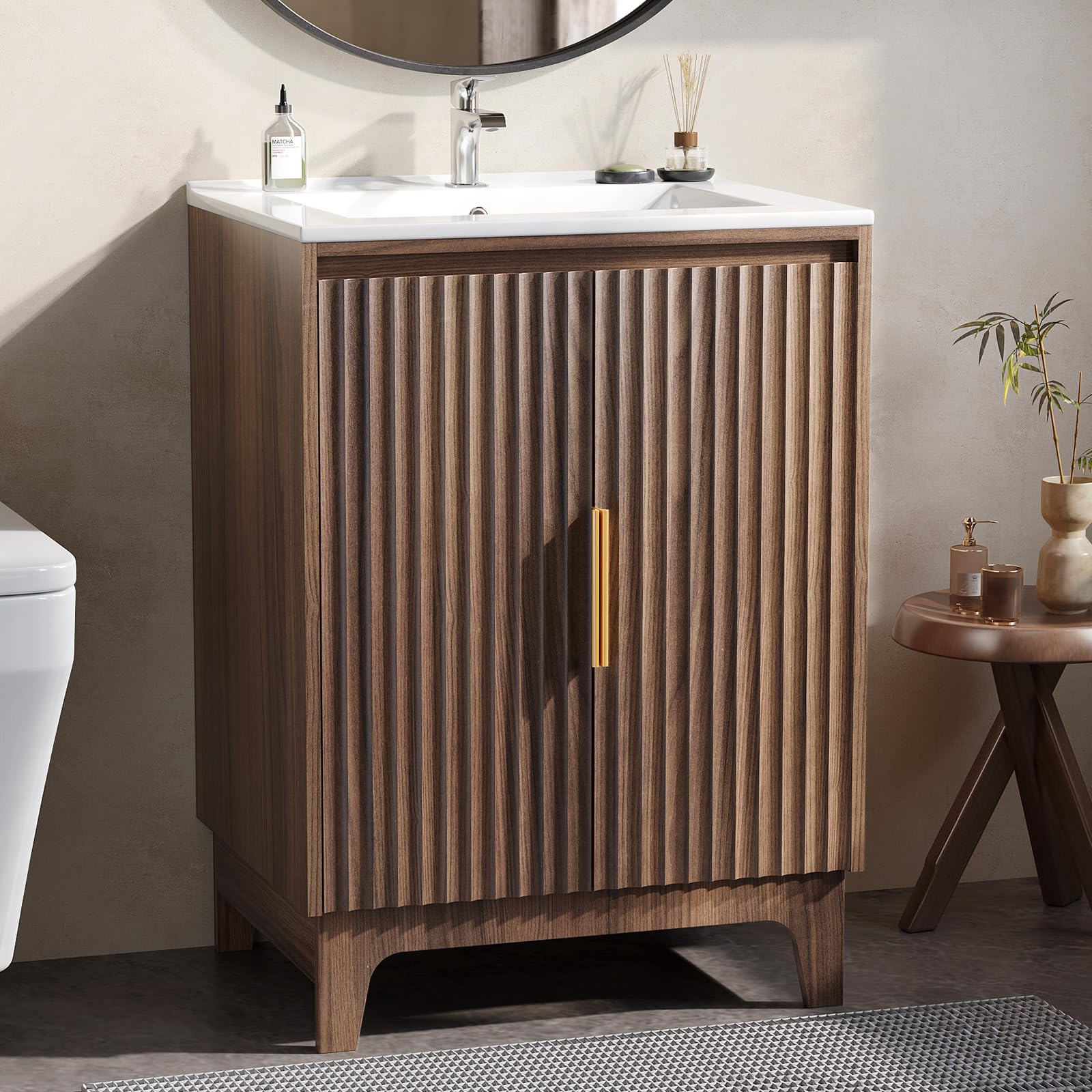 Bonnlo Meuble Lavabo avec Vasque en Céramique sur Pieds, Rangement Salle de Bain avec Portes & 2 Étagères en Couleur Noyer, 60 × 44.5 × 84 cm