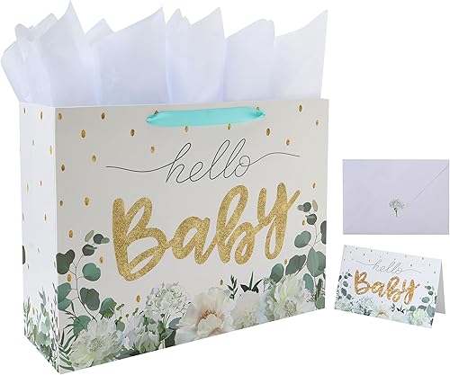 Juego de bolsas de regalo blancas extragrandes de 16.5 pulgadas con tarjeta de felicitación y papeles de seda (purpurina dorada 'bebé') para baby