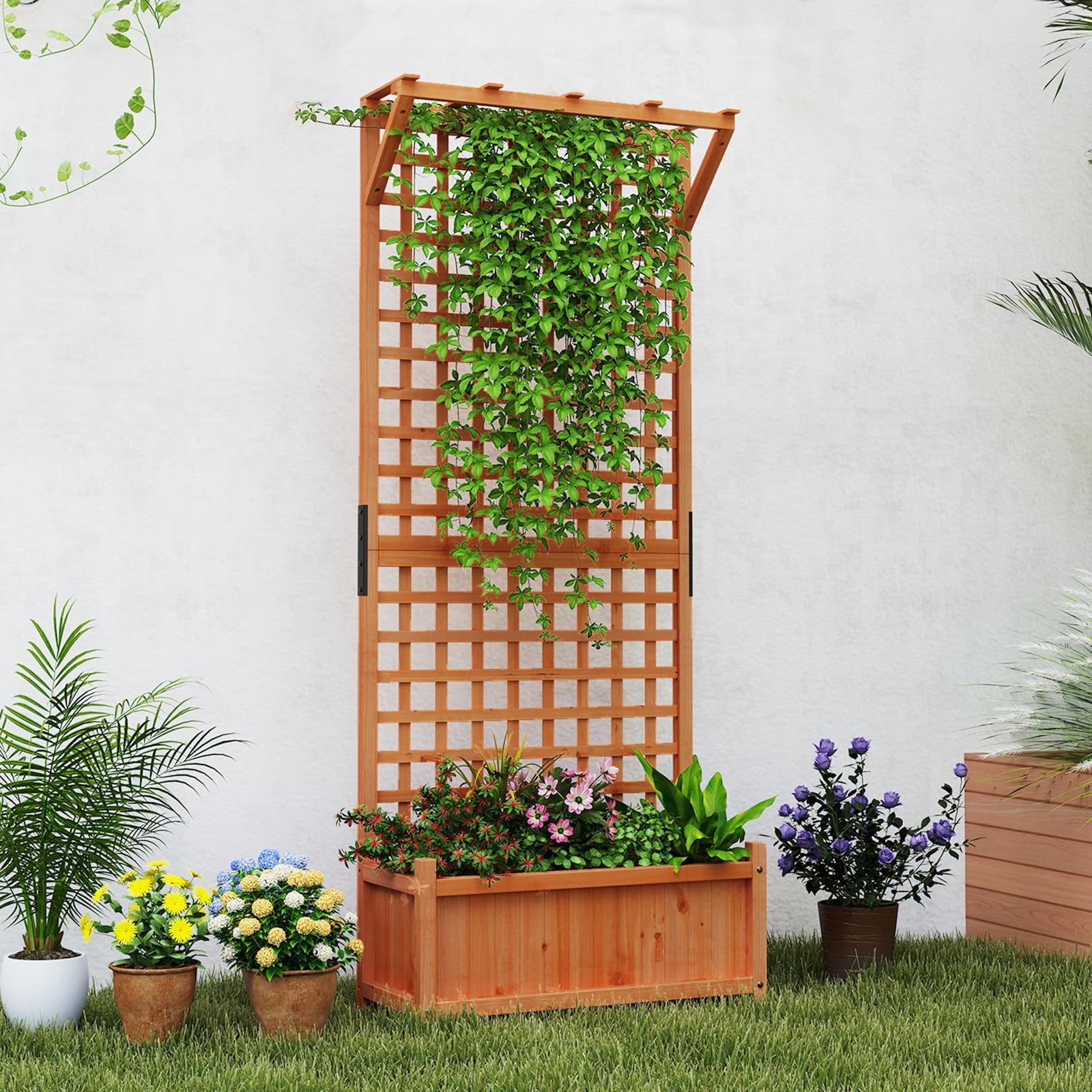 GOPLUS Jardinière avec Treillis 183cm en Bois de Sapin, Trou de Drainage pour Plantes Grimpantes, Fleurs, Bac à Fleurs avec Treillis pour Cour, Jardin, Balcon, 75x33x183cm